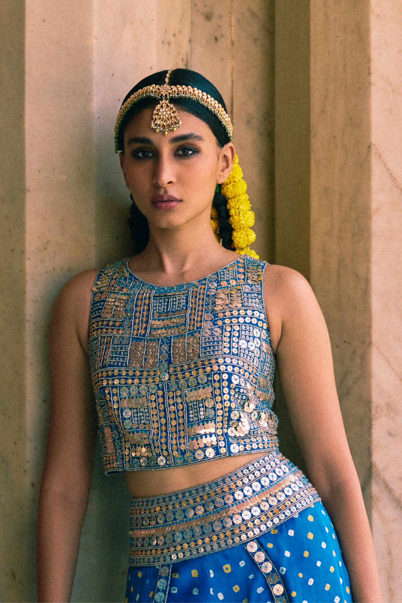 Blue Embroidered Blouse With Back Tie Up