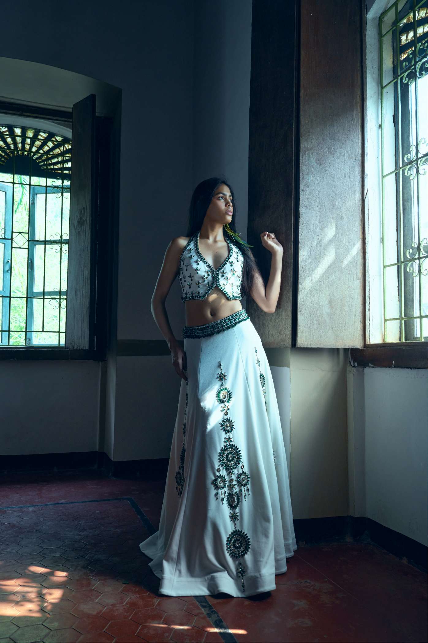 Ivory Panelled Scuba Georgette Skirt with Emerald Stone Embroidery