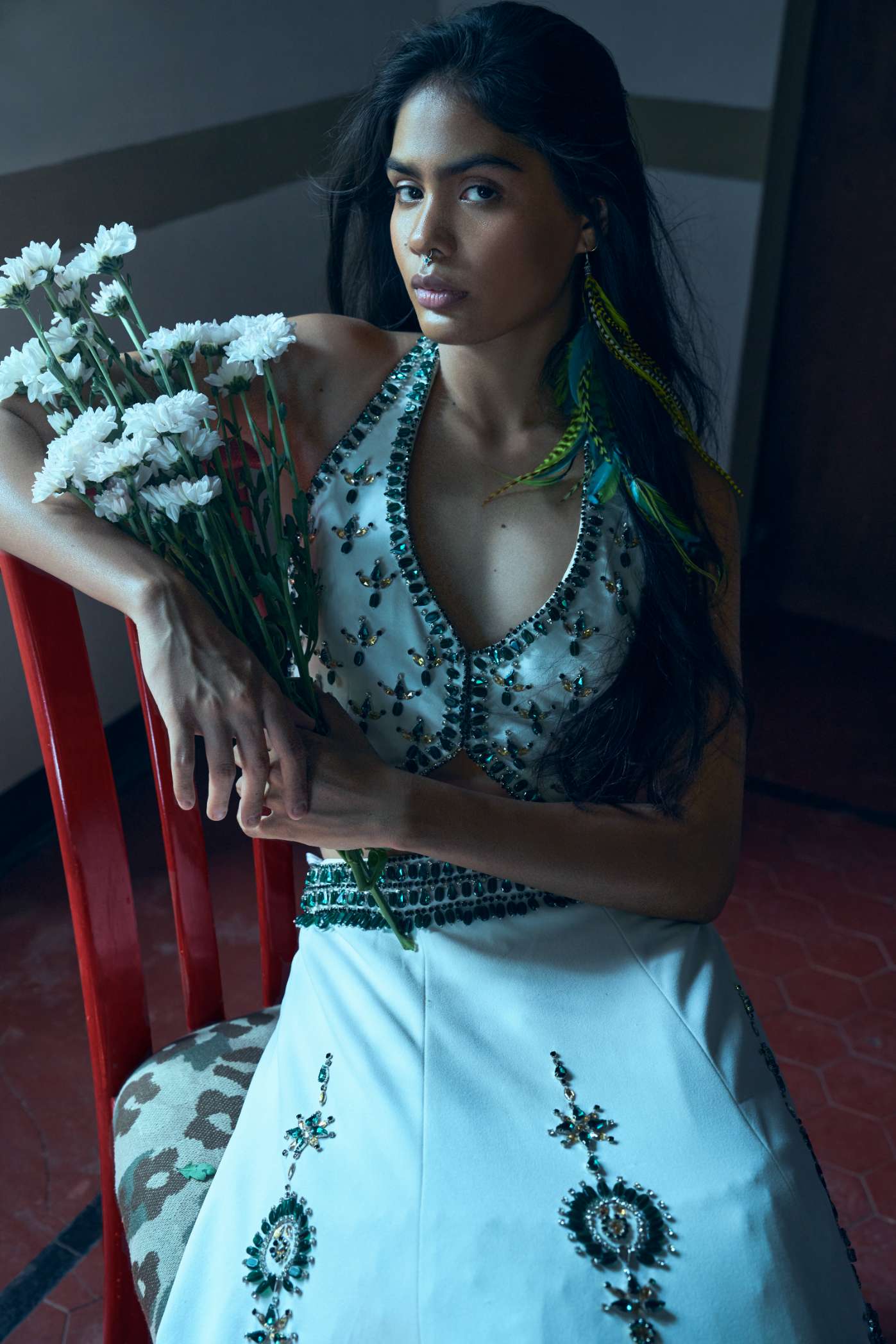 Ivory Panelled Scuba Georgette Skirt with Emerald Stone Embroidery