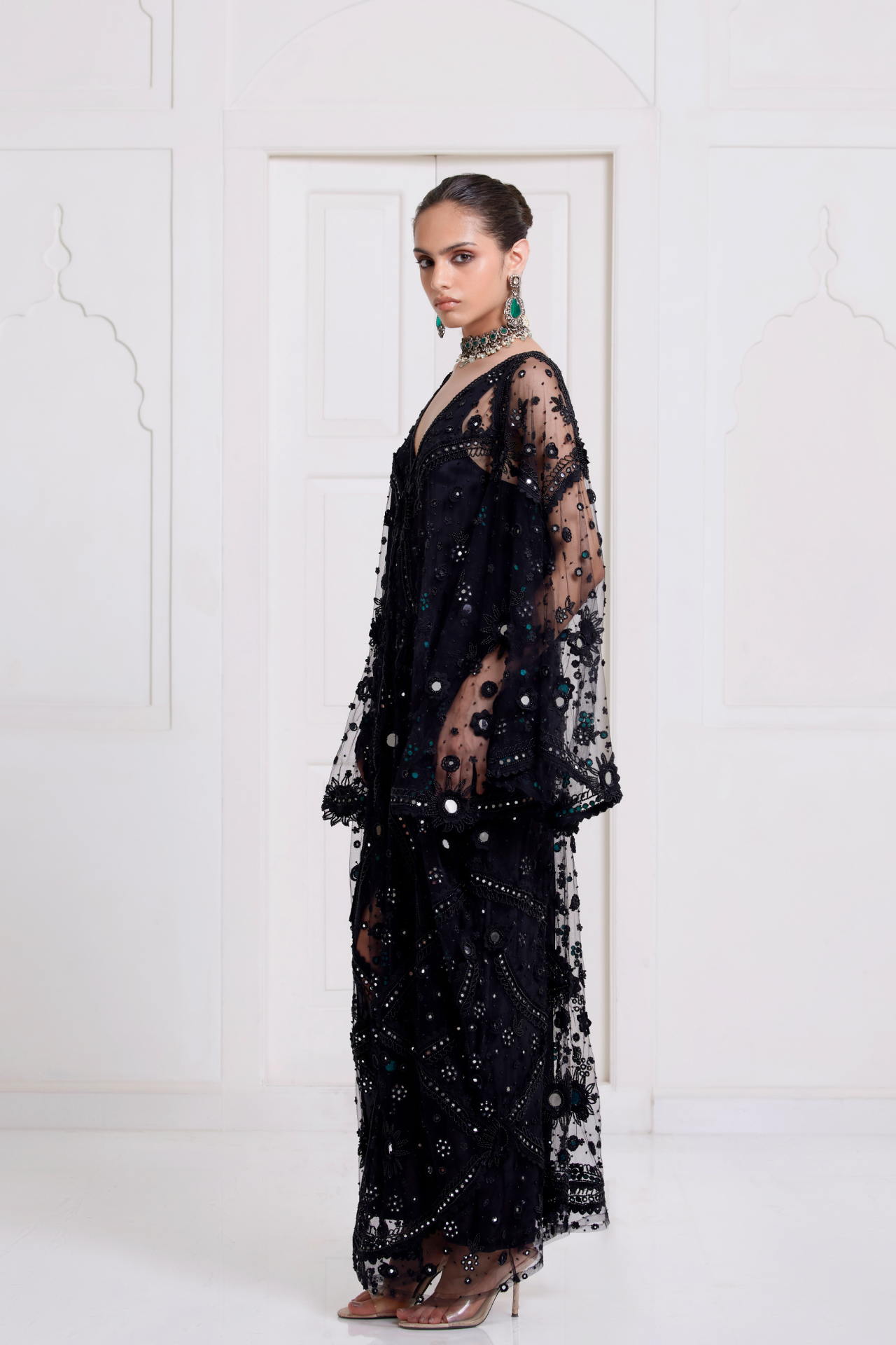 Black Embroidered Kaftan With Front Slit
