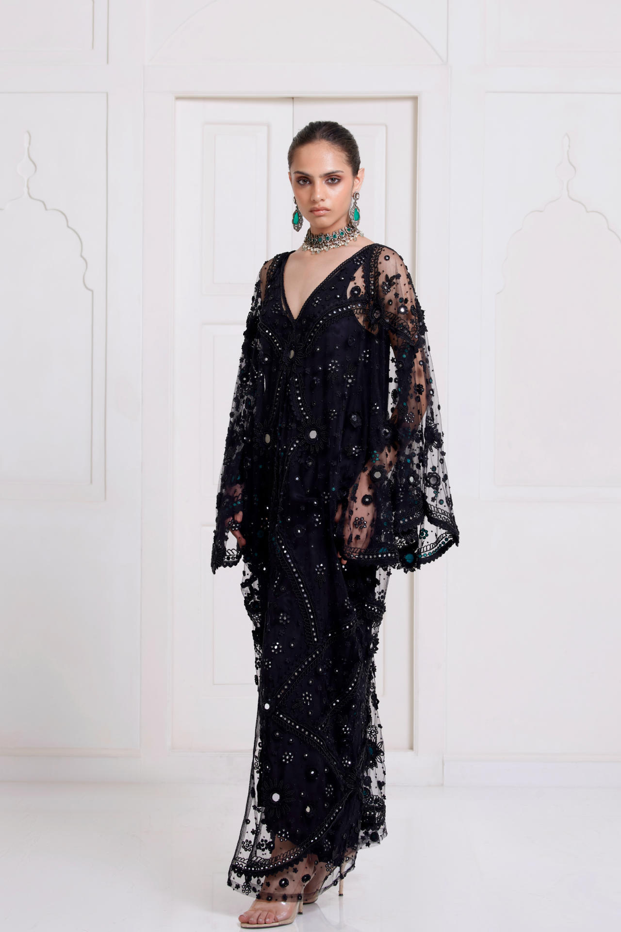 Black Embroidered Kaftan With Front Slit