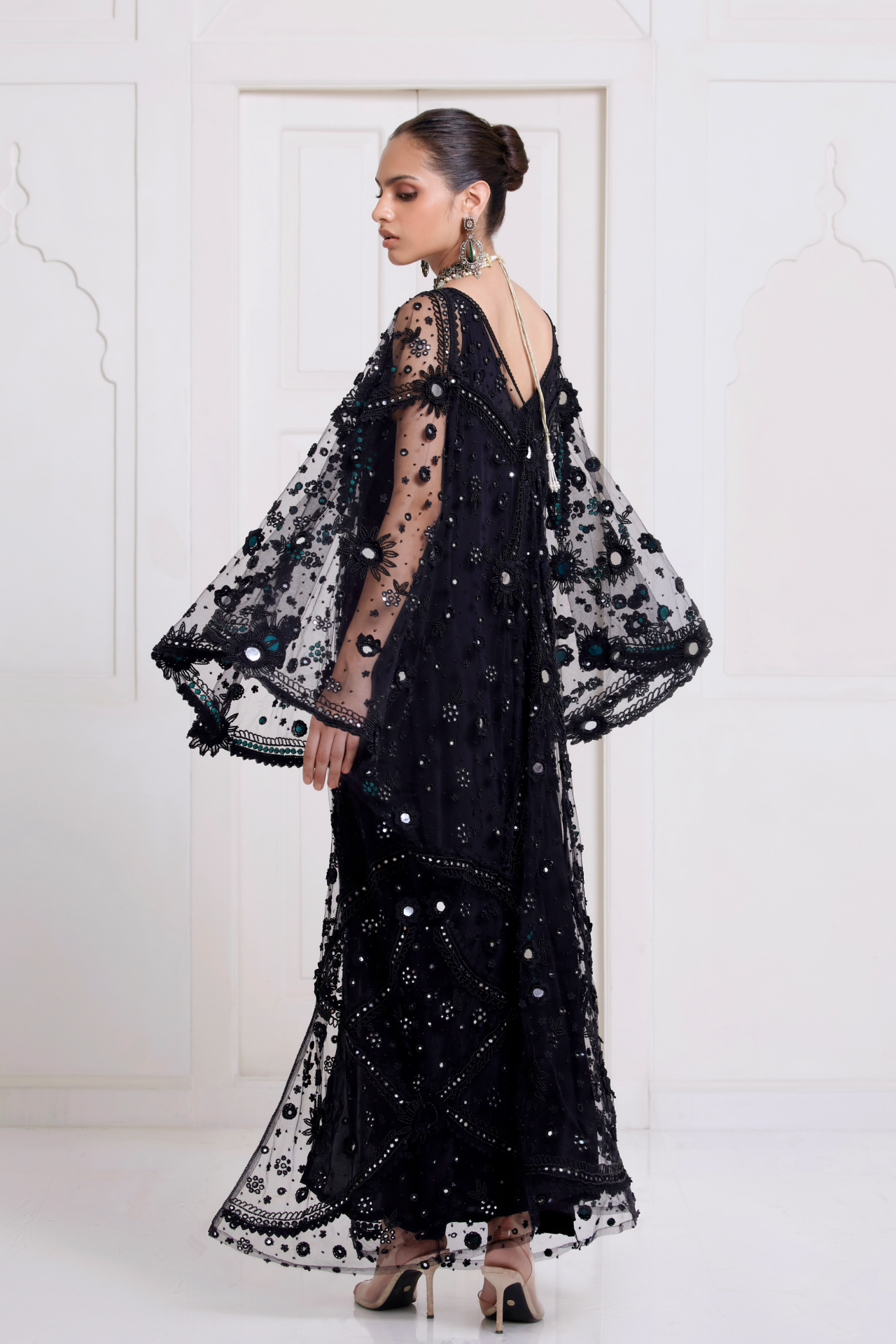 Black Embroidered Kaftan With Front Slit