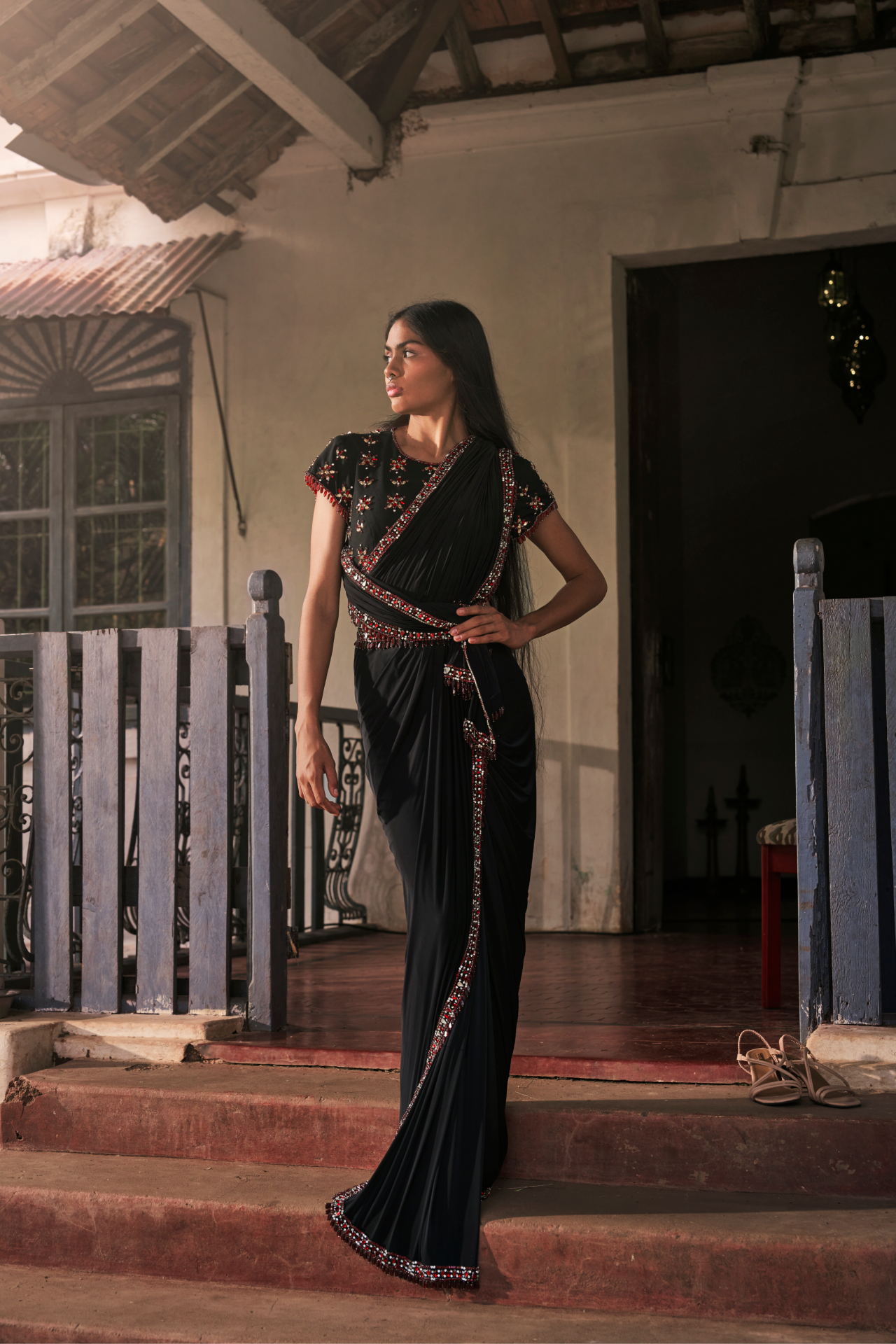 Black Lycra Saree with Ruby Embroidery Border