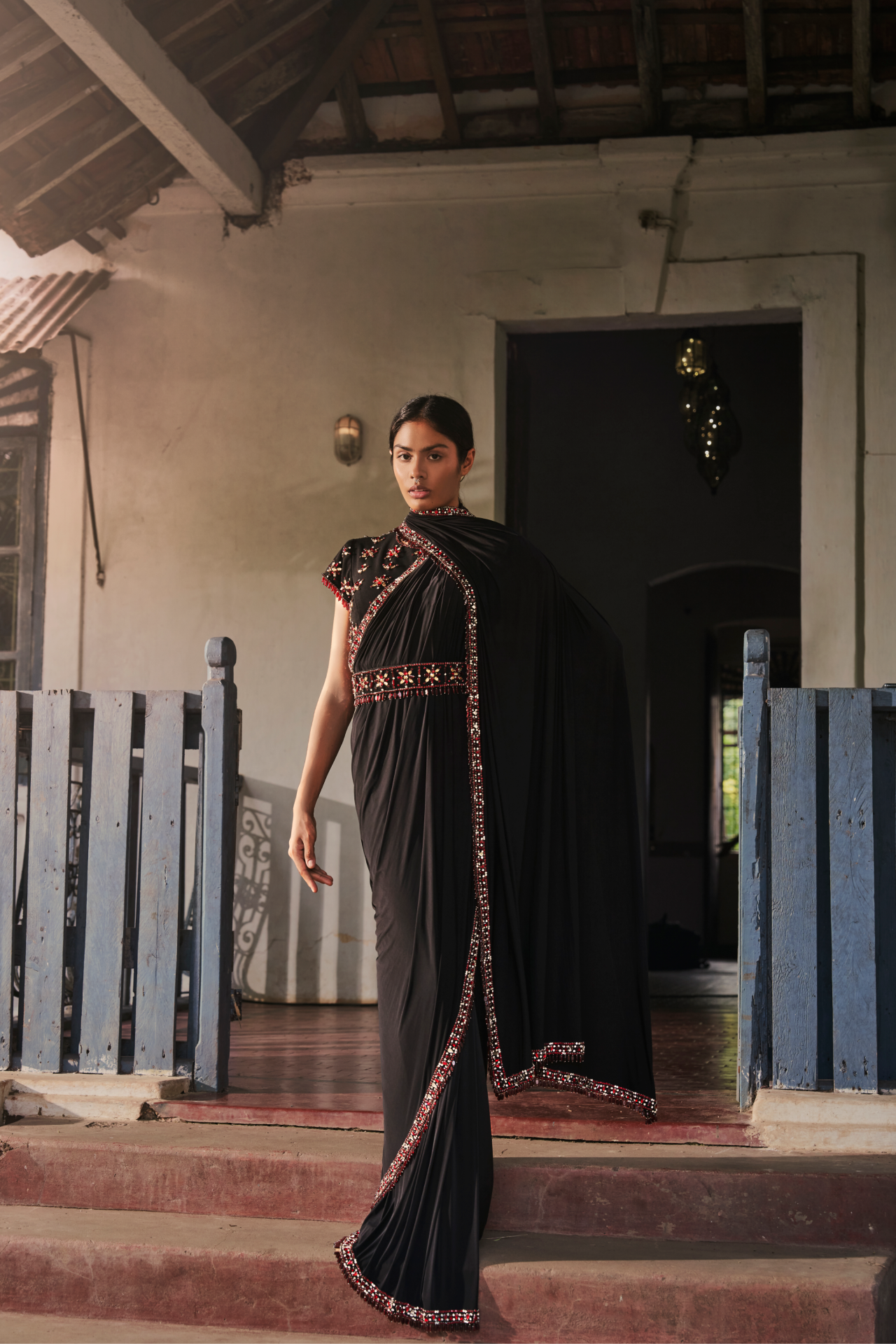 Black Lycra Saree with Ruby Embroidery Border
