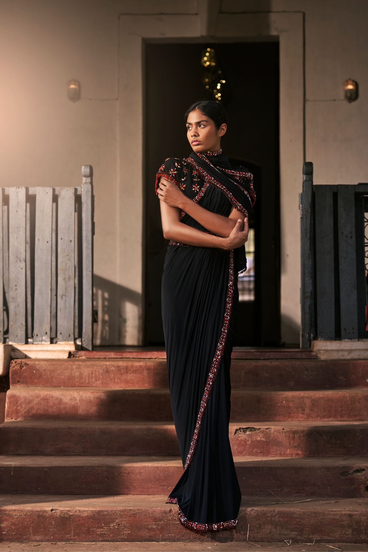 Black Lycra Saree with Ruby Embroidery Border
