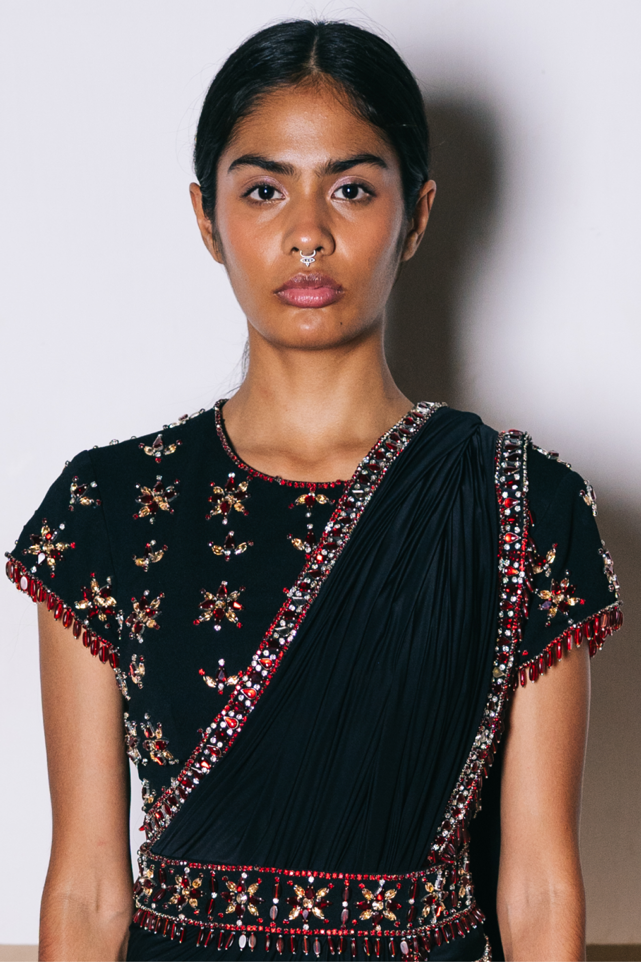 Black Scuba Georgette Cap Sleeves Blouse With Ruby Embroidered Motifs