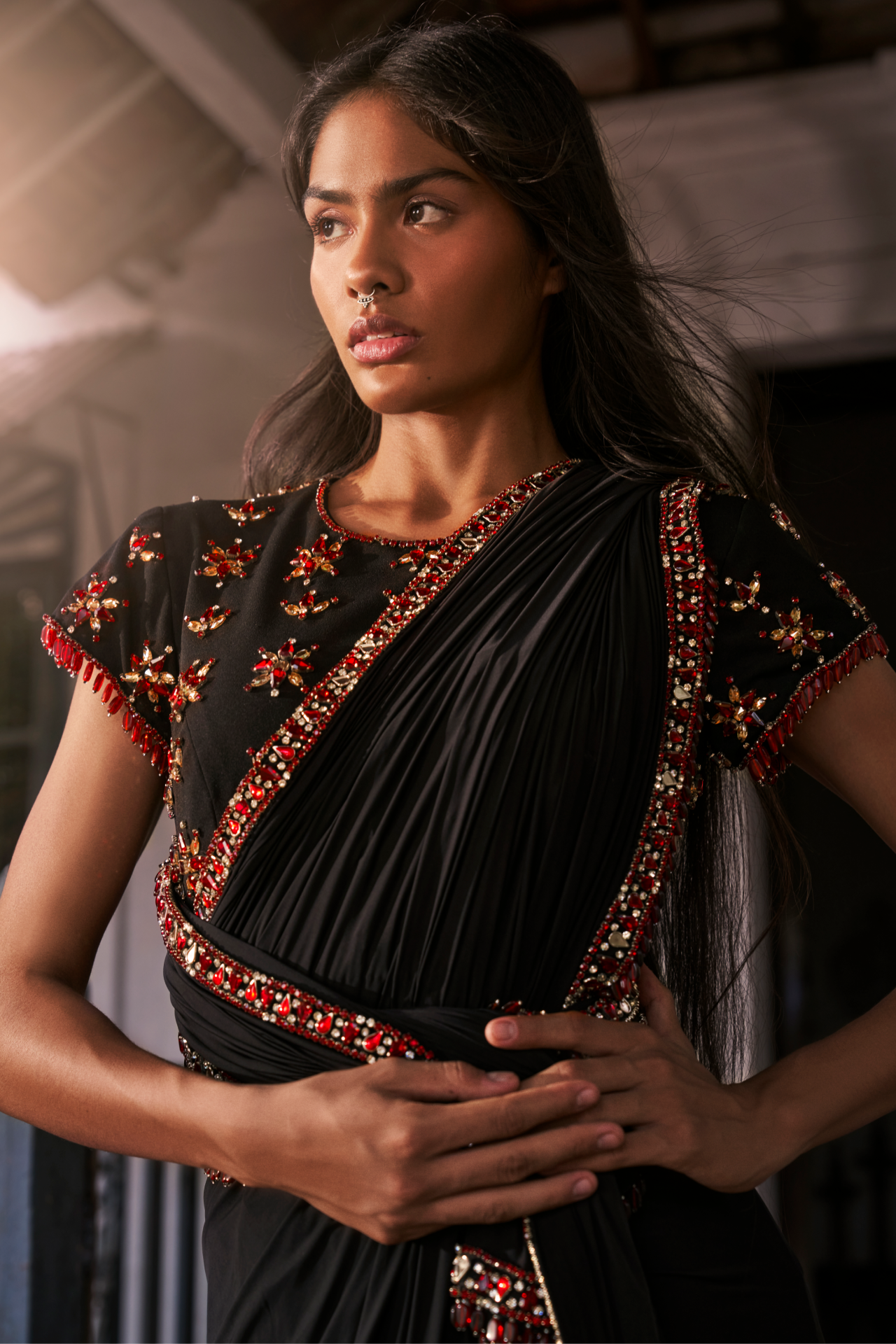 Black Scuba Georgette Cap Sleeves Blouse With Ruby Embroidered Motifs
