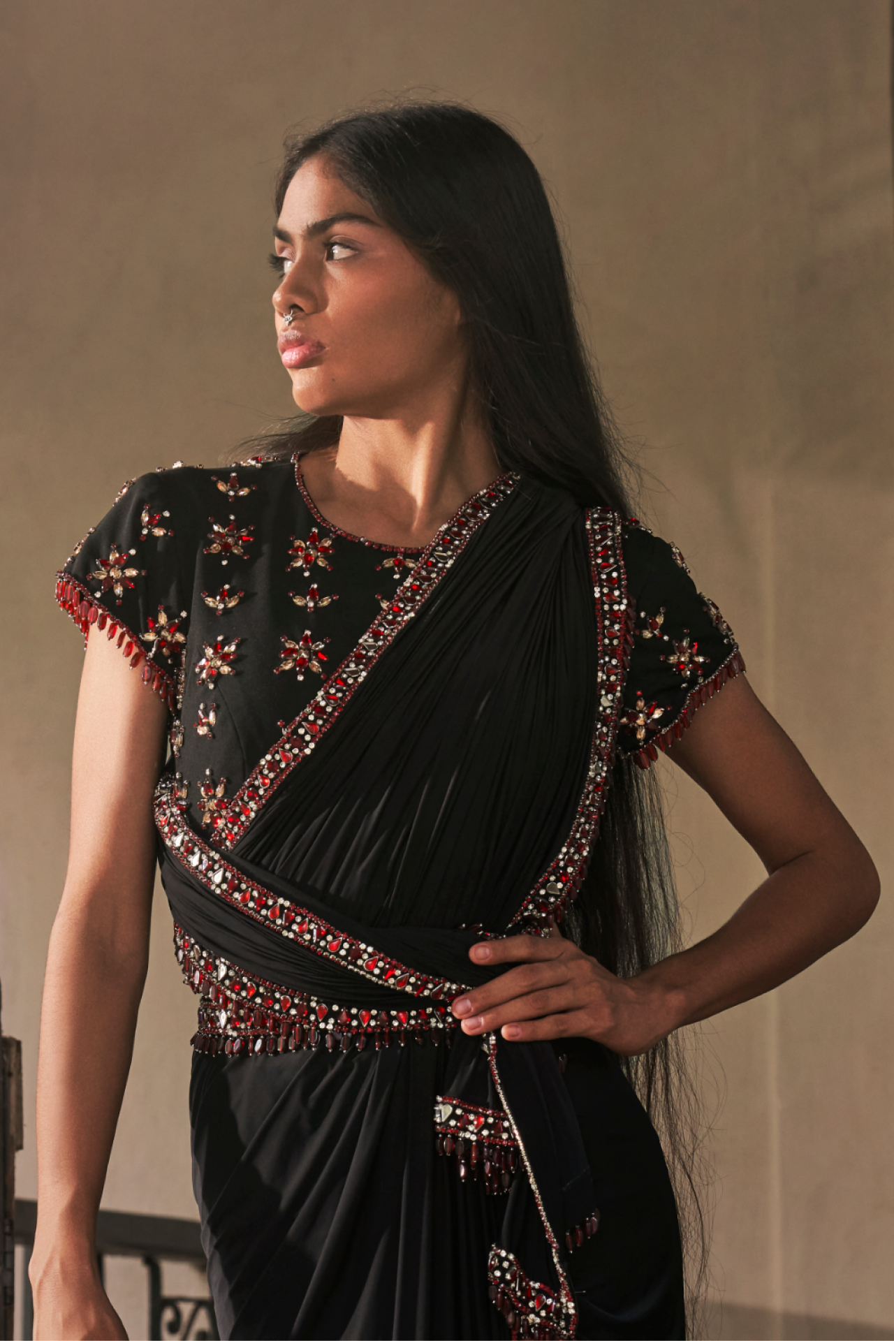 Black Scuba Georgette Cap Sleeves Blouse With Ruby Embroidered Motifs