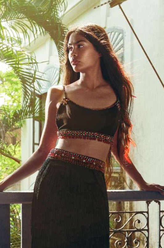Black Scuba Georgette Crop Top with Ruby Embroidery Border