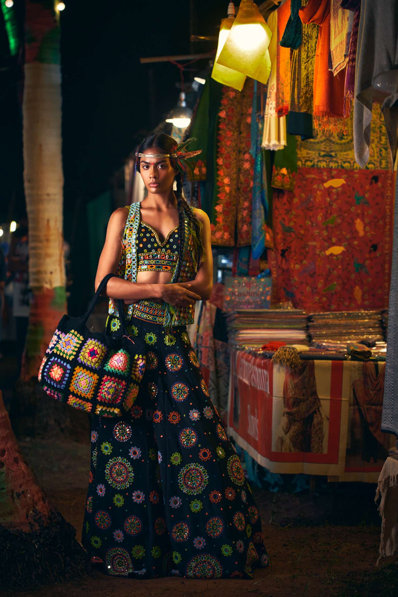 Black Lehenga with Multicoloured Mirror Work Embroidery