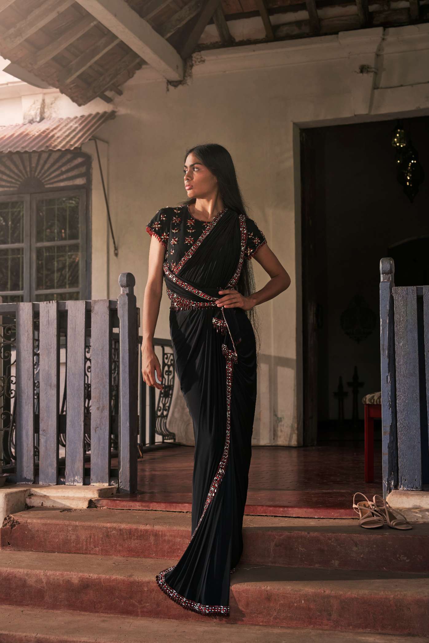 Black Lycra Saree with Ruby Emrbroidery Border