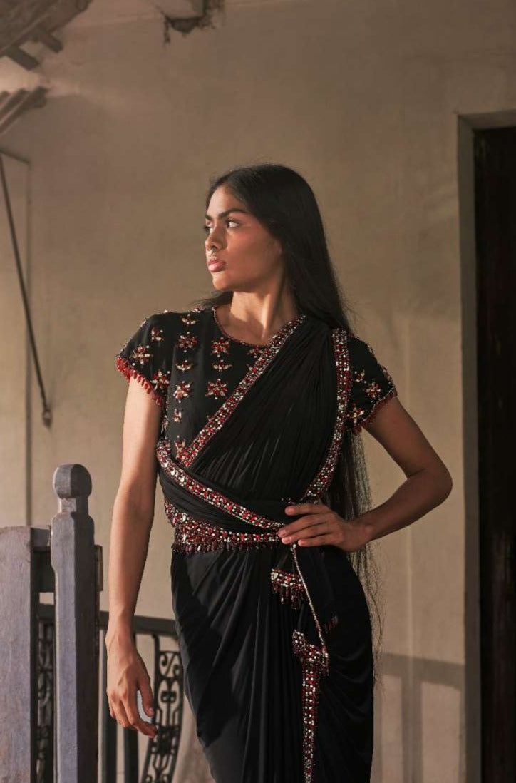 Black Scuba Georgette Crop Top with Ruby Embroidery