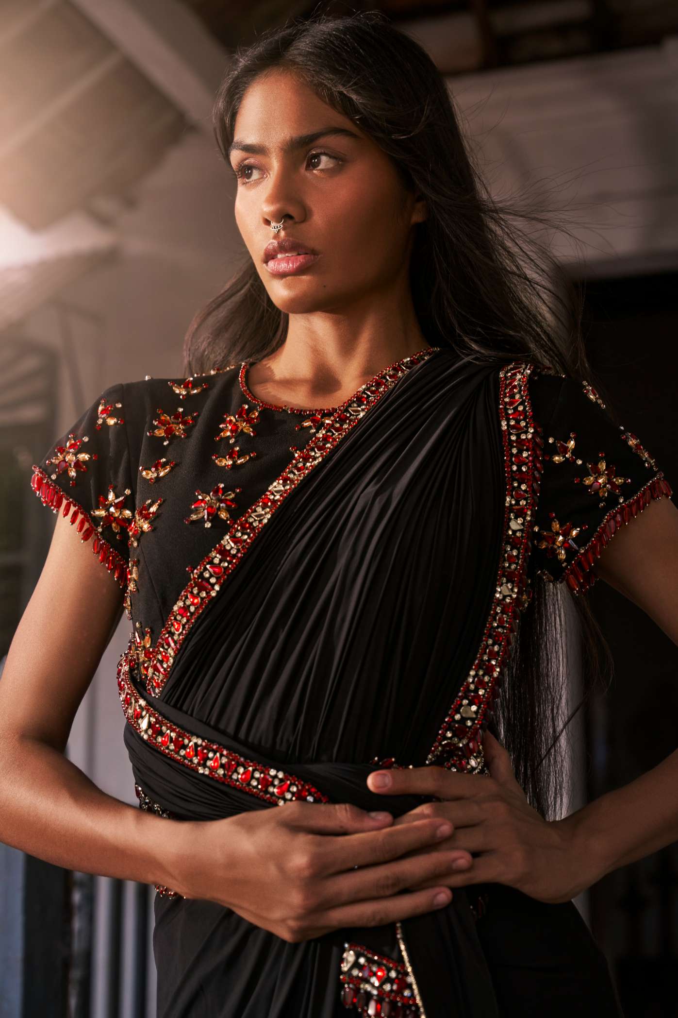 Black Lycra Saree with Ruby Emrbroidery Border