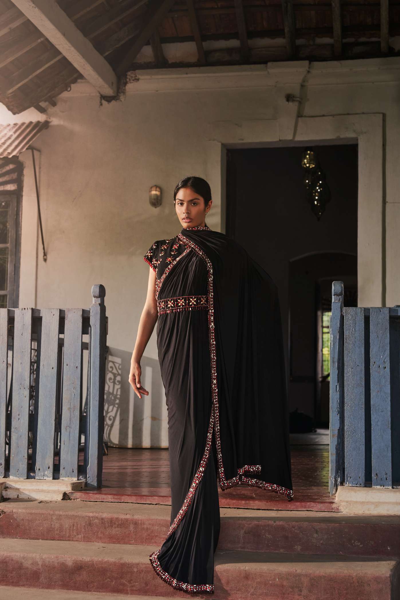 Black Lycra Saree with Ruby Emrbroidery Border