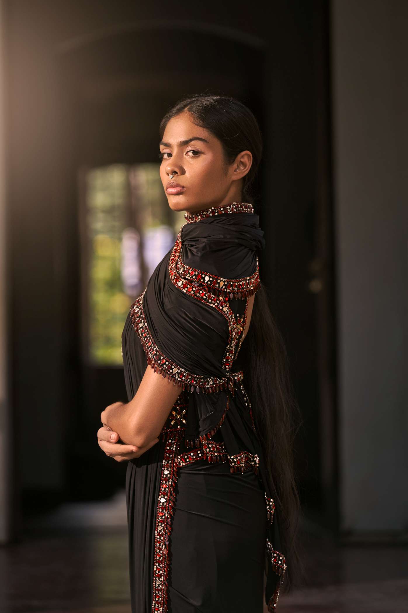 Black Scuba Georgette Crop Top with Ruby Embroidery