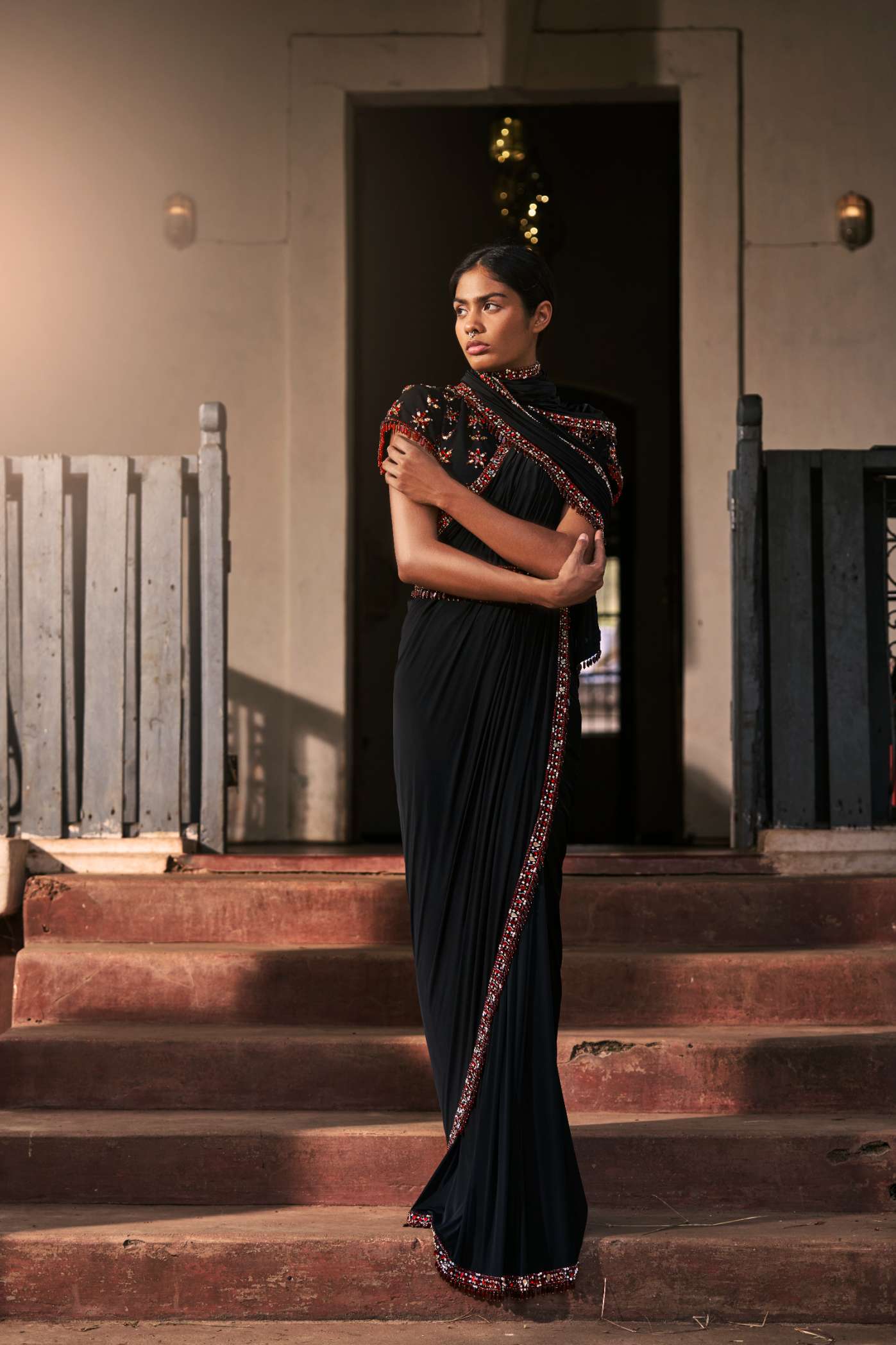 Black Lycra Saree with Ruby Emrbroidery Border