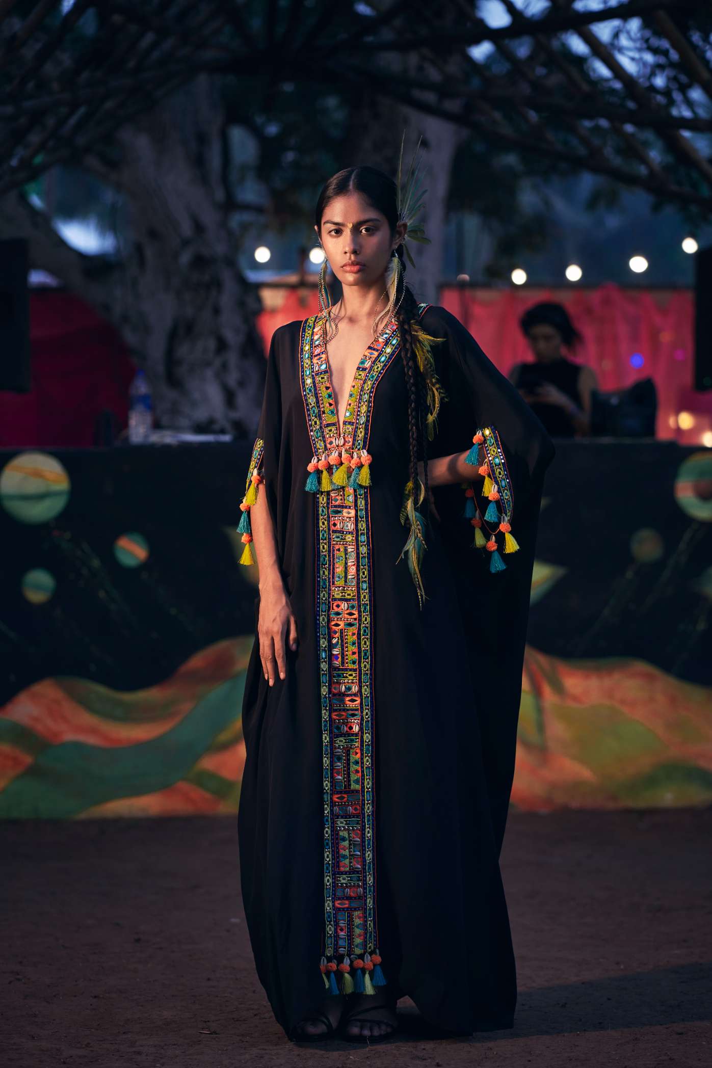 Black Kaftan Dress with Tassels