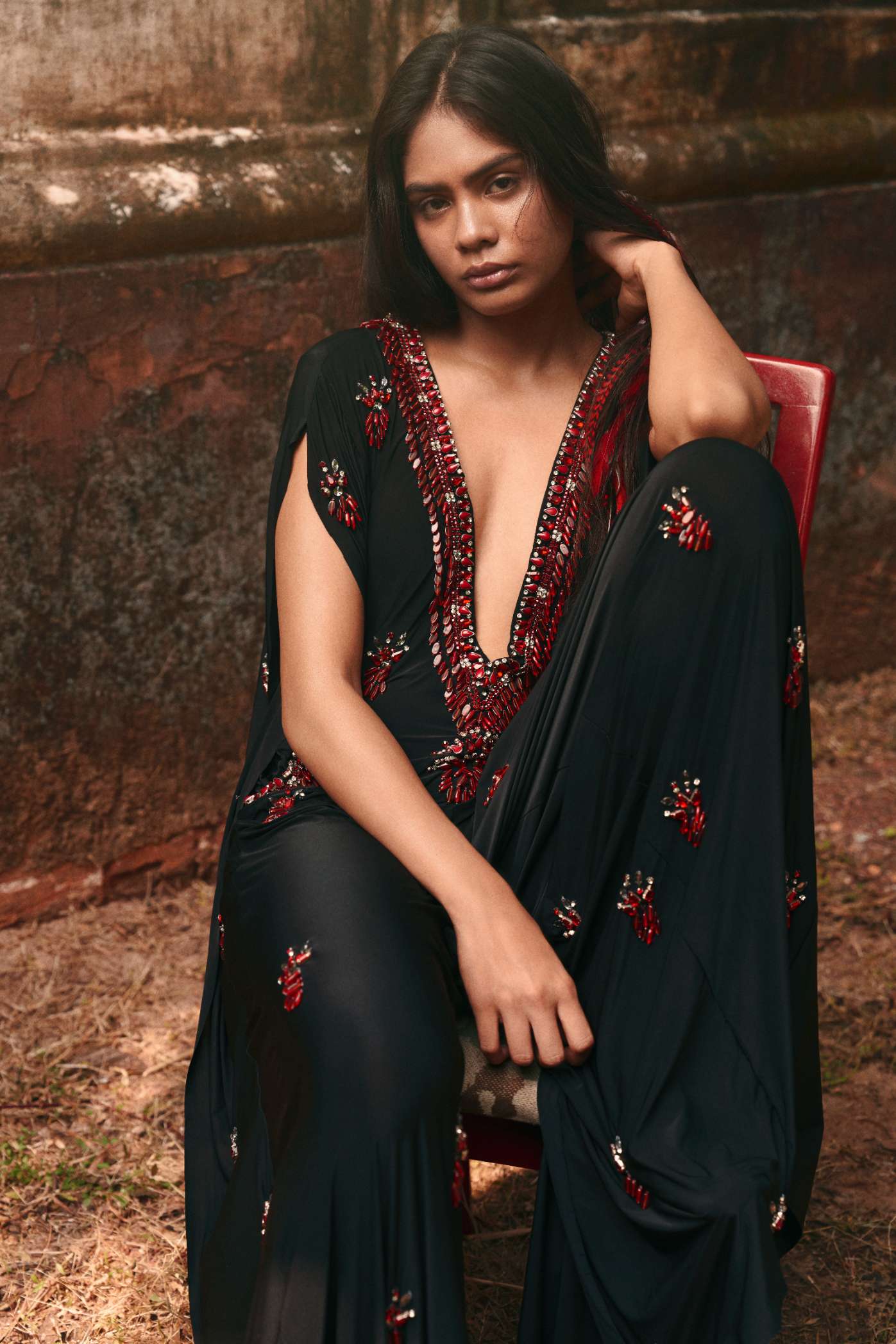 Black Ruby Jeweled Kaftan Jumpsuit