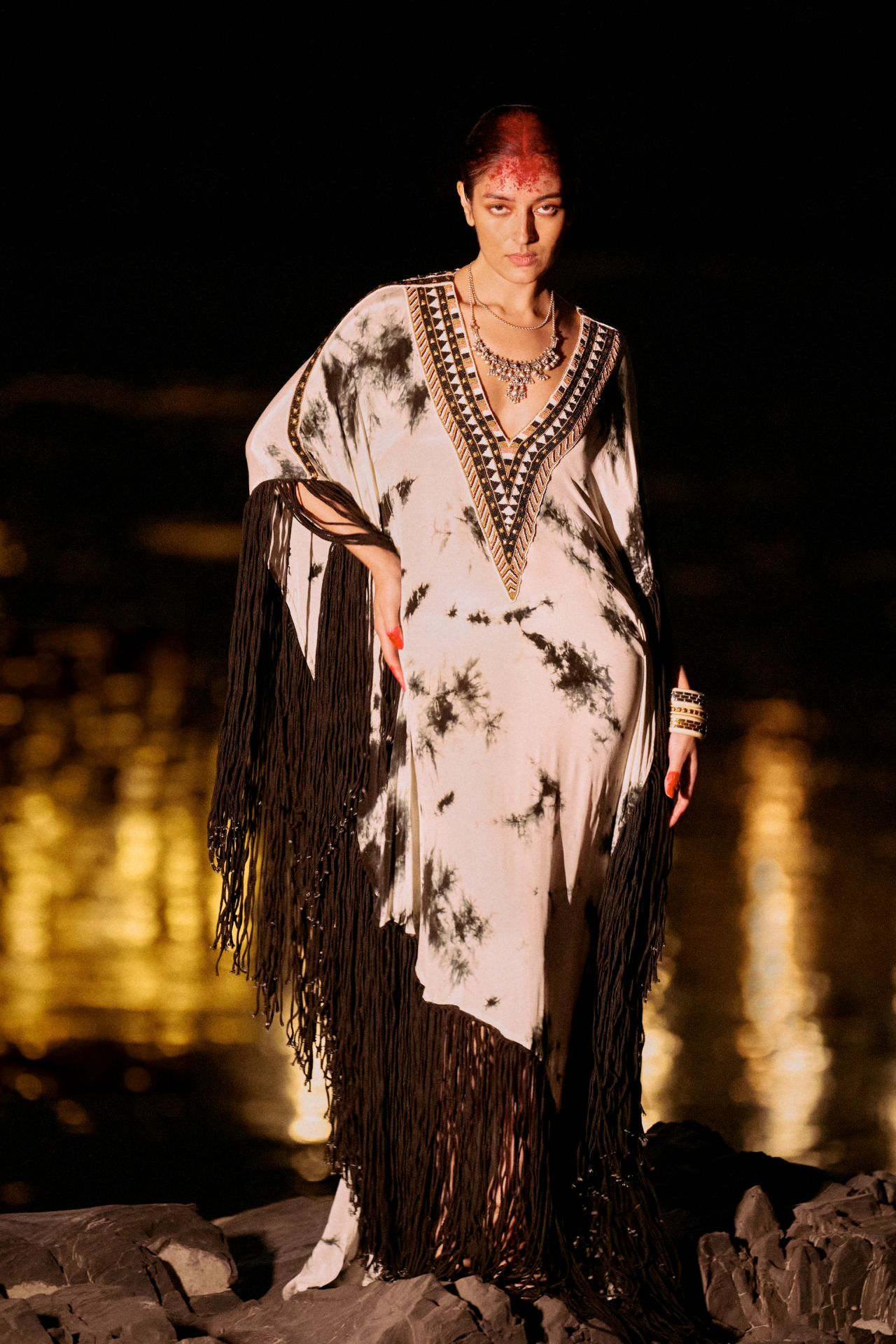 Black And White Kaftan With Black Fringes