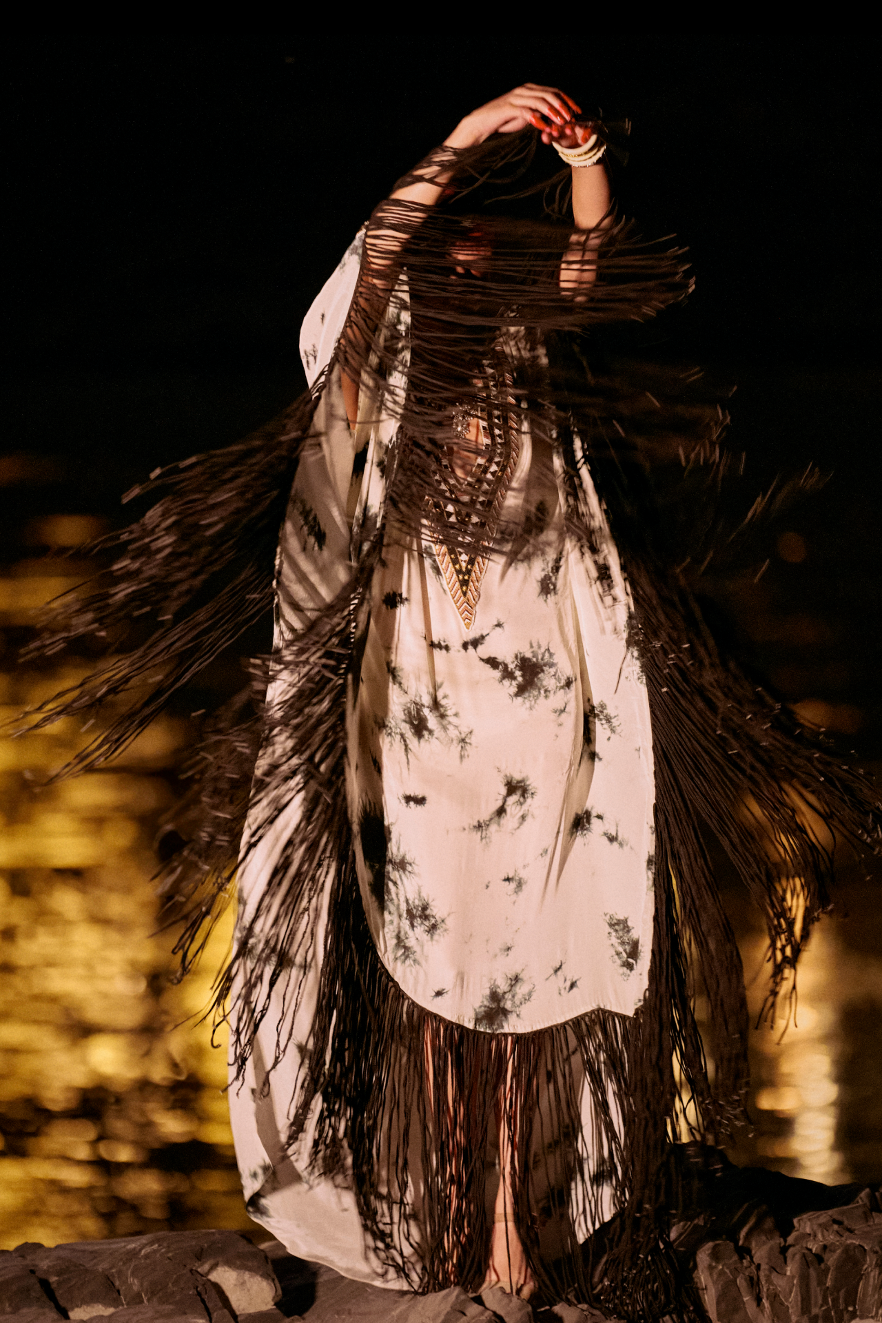 Black And White Kaftan With Black Fringes