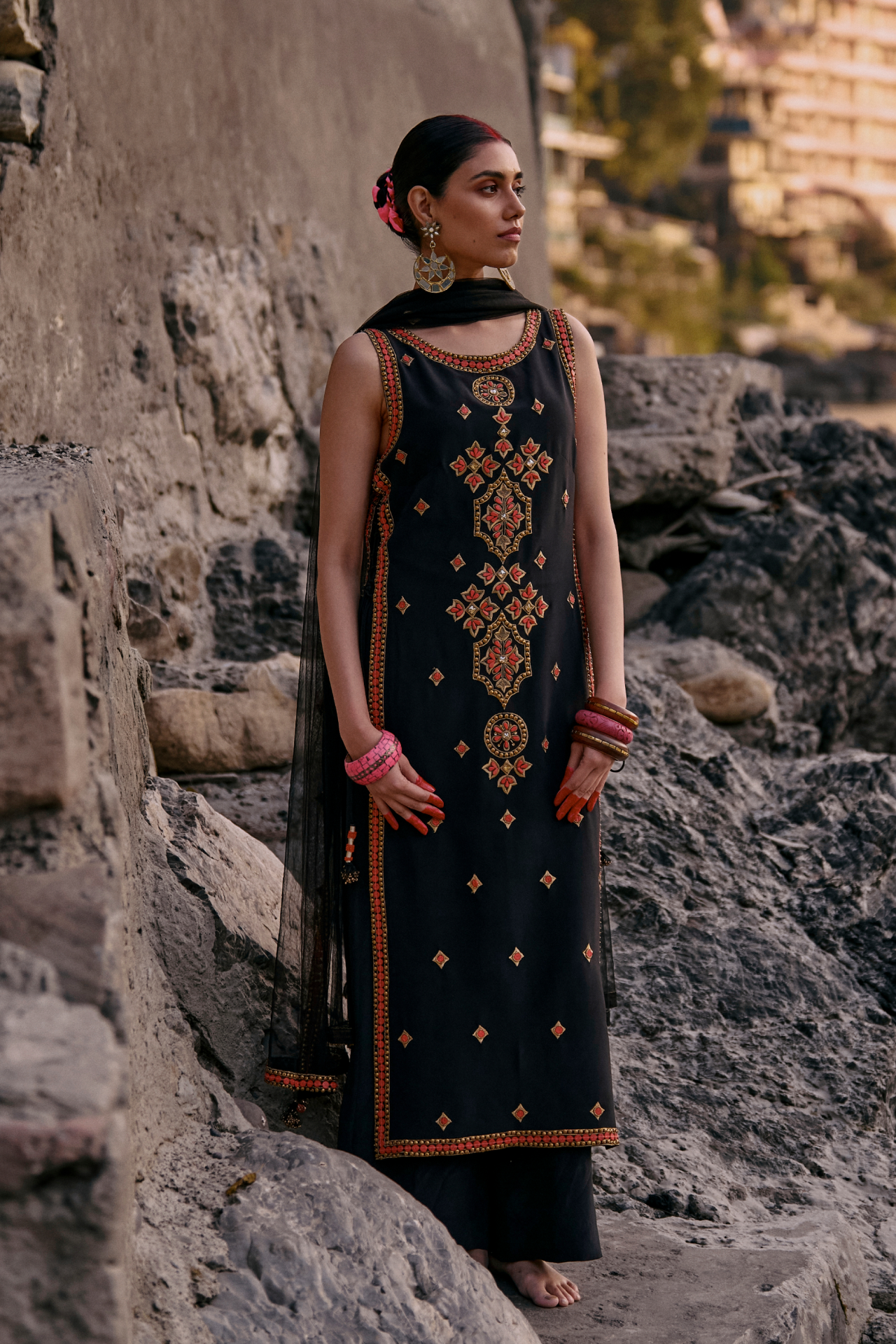 Black And Coral Long Kurta With Side Tie-Up
