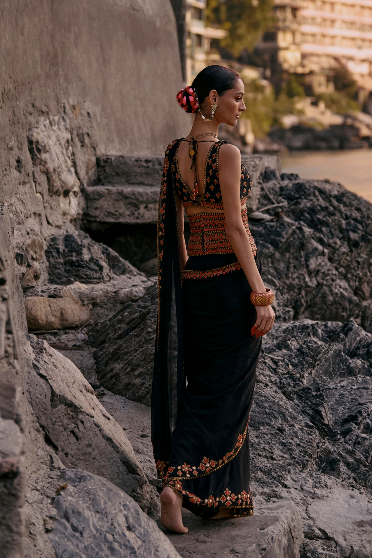 Black And Coral Stitched Saree