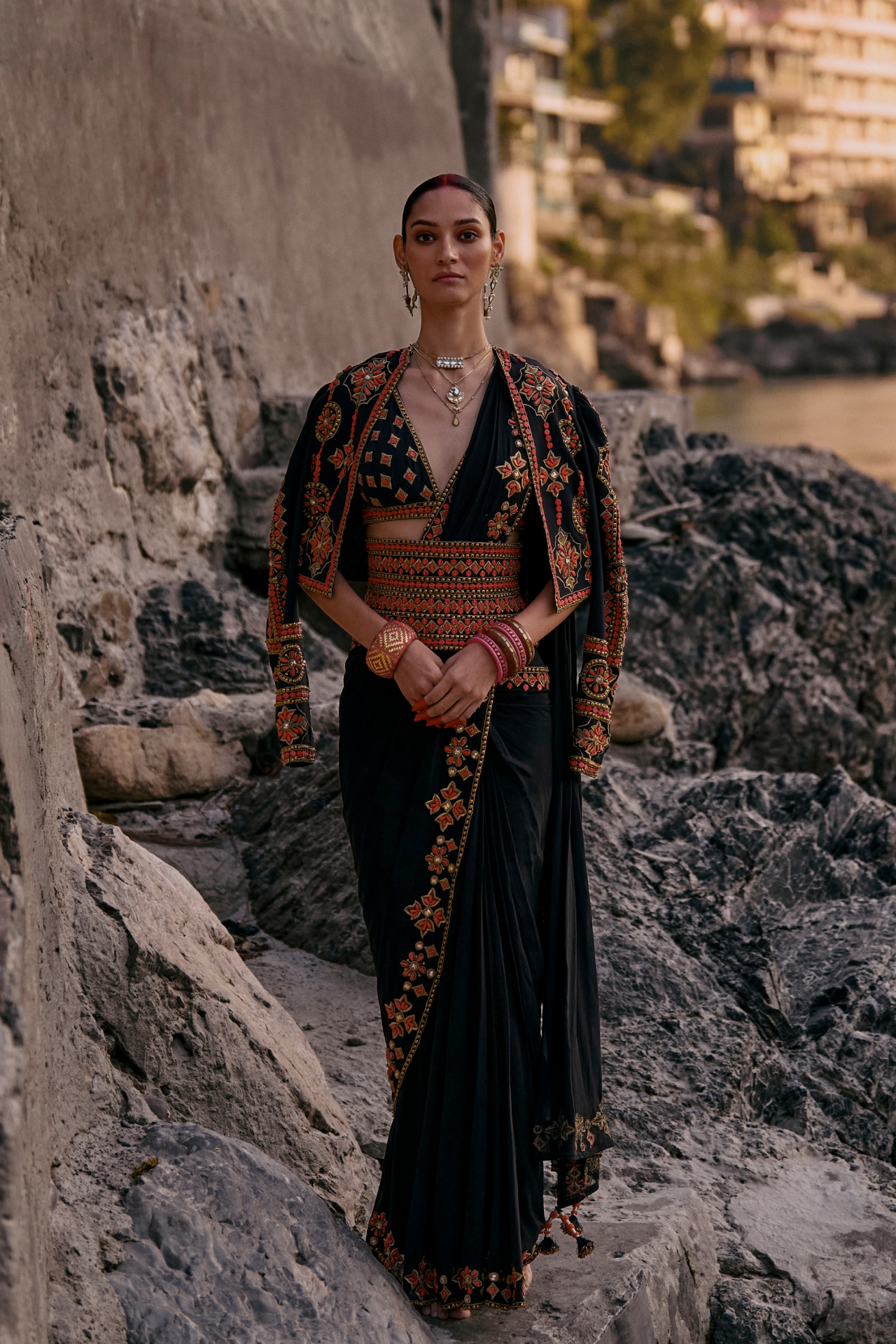 Black And Coral Stitched Saree