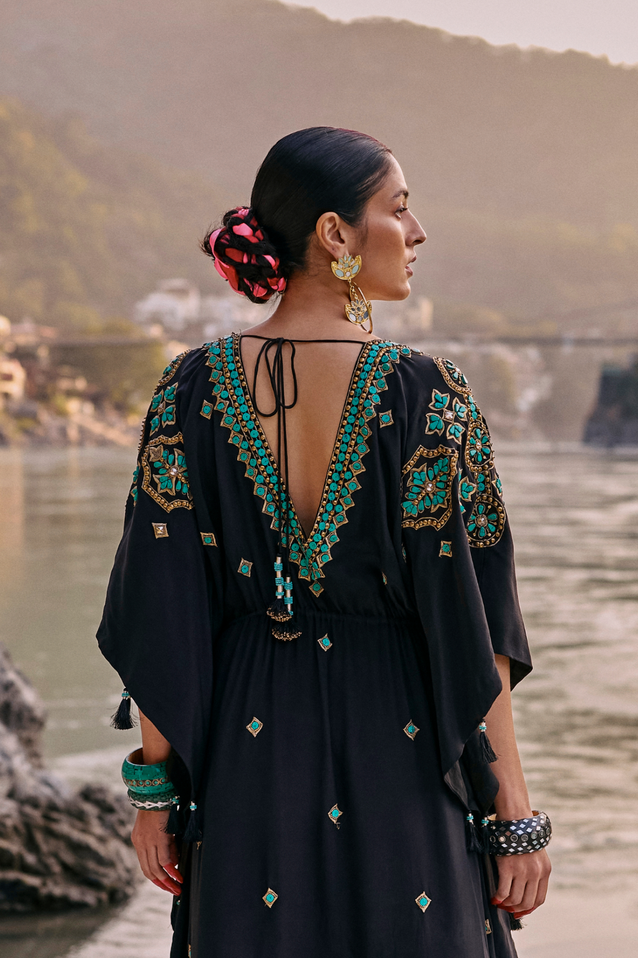 Black And Turquoise Cape With Tassels