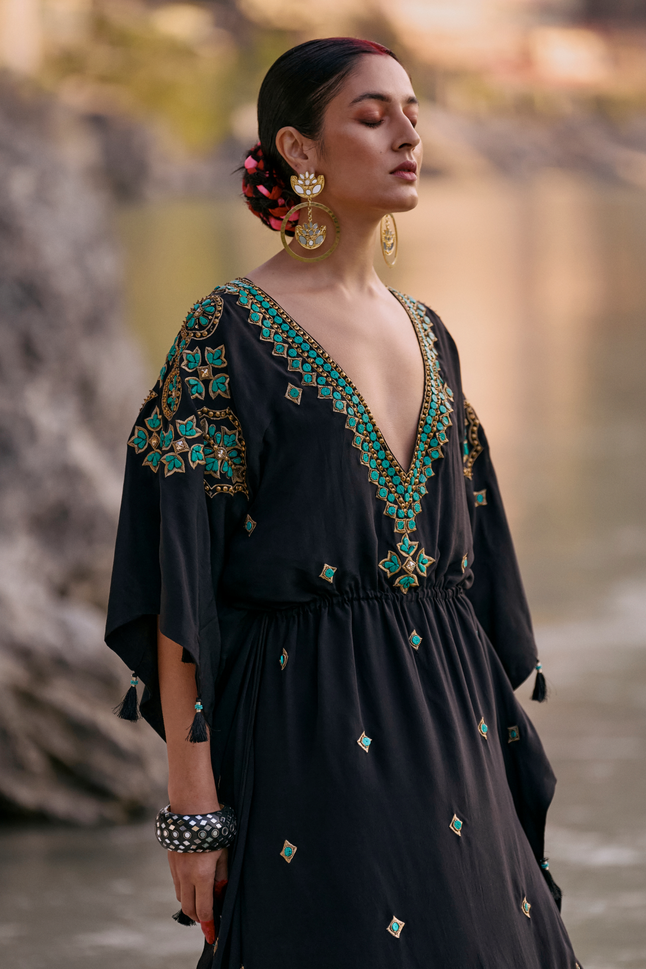 Black And Turquoise Long Kaftan With Side Tie-Up