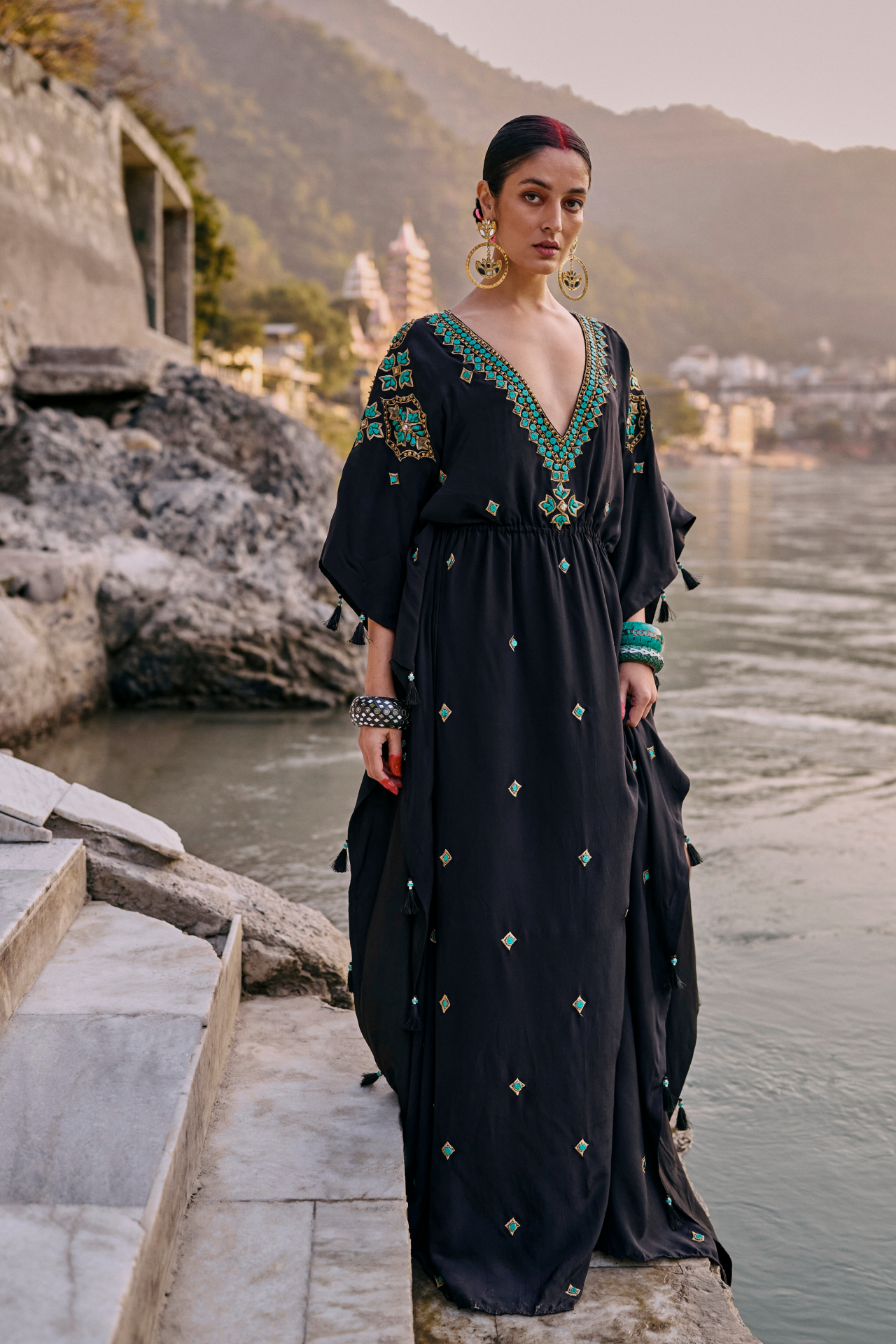 Black And Turquoise Long Kaftan With Side Tie-Up