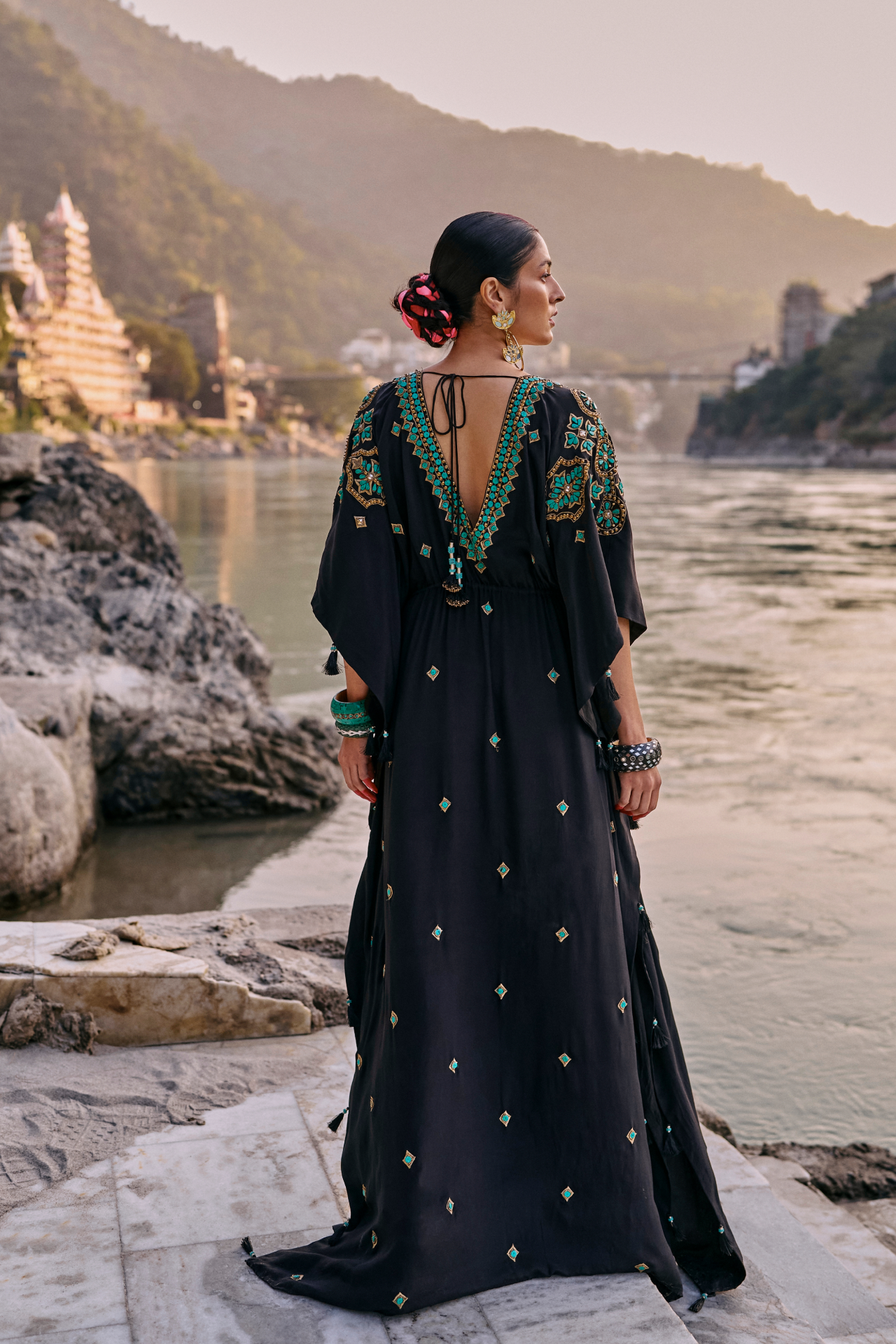 Black And Turquoise Long Kaftan With Side Tie-Up