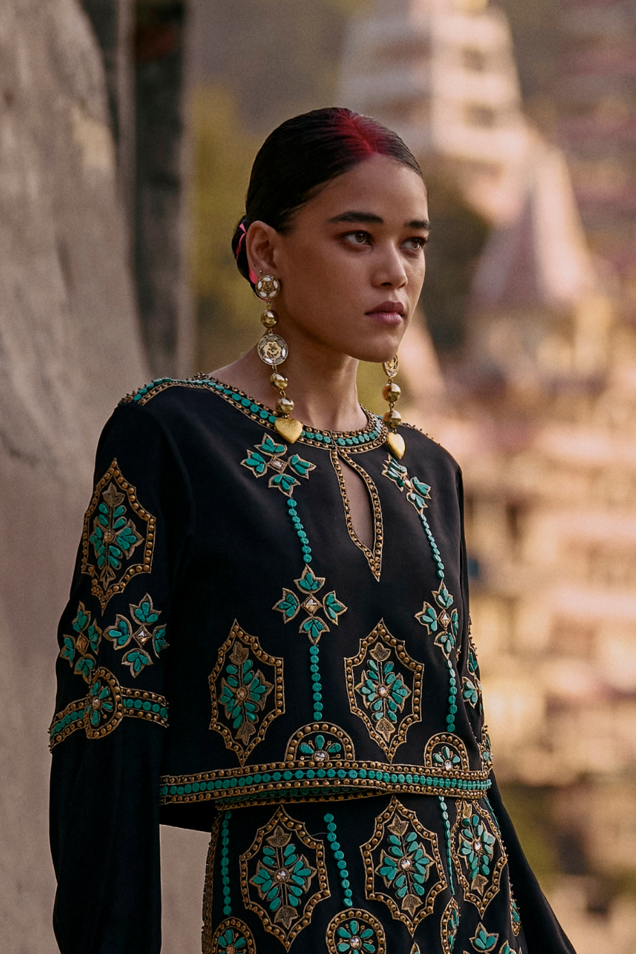 Black Full-Sleeved Top With Turquoise Embroidery