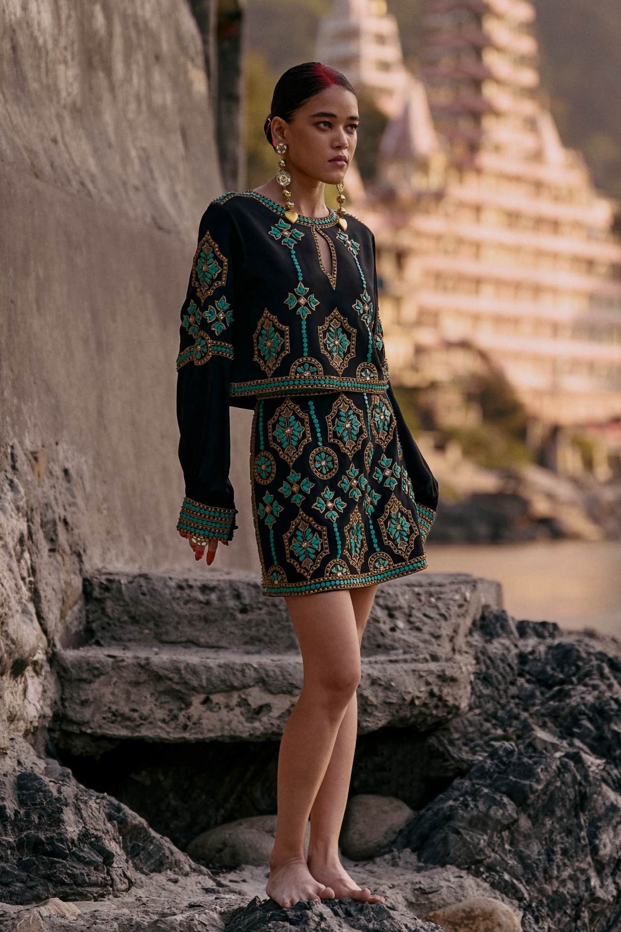 Black Short Skirt With Turquoise Embroidery