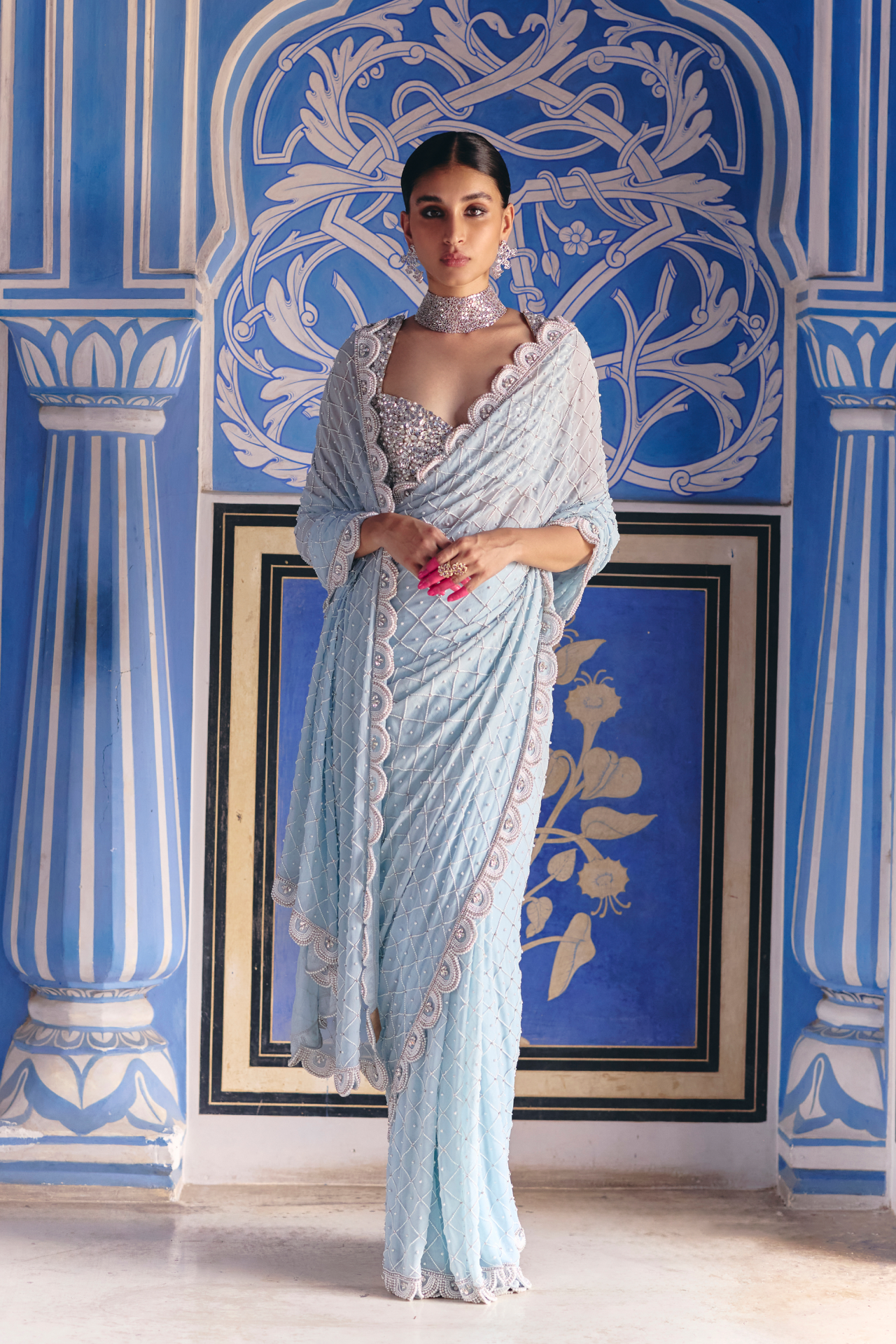 Blue Saree With Pearl Work
