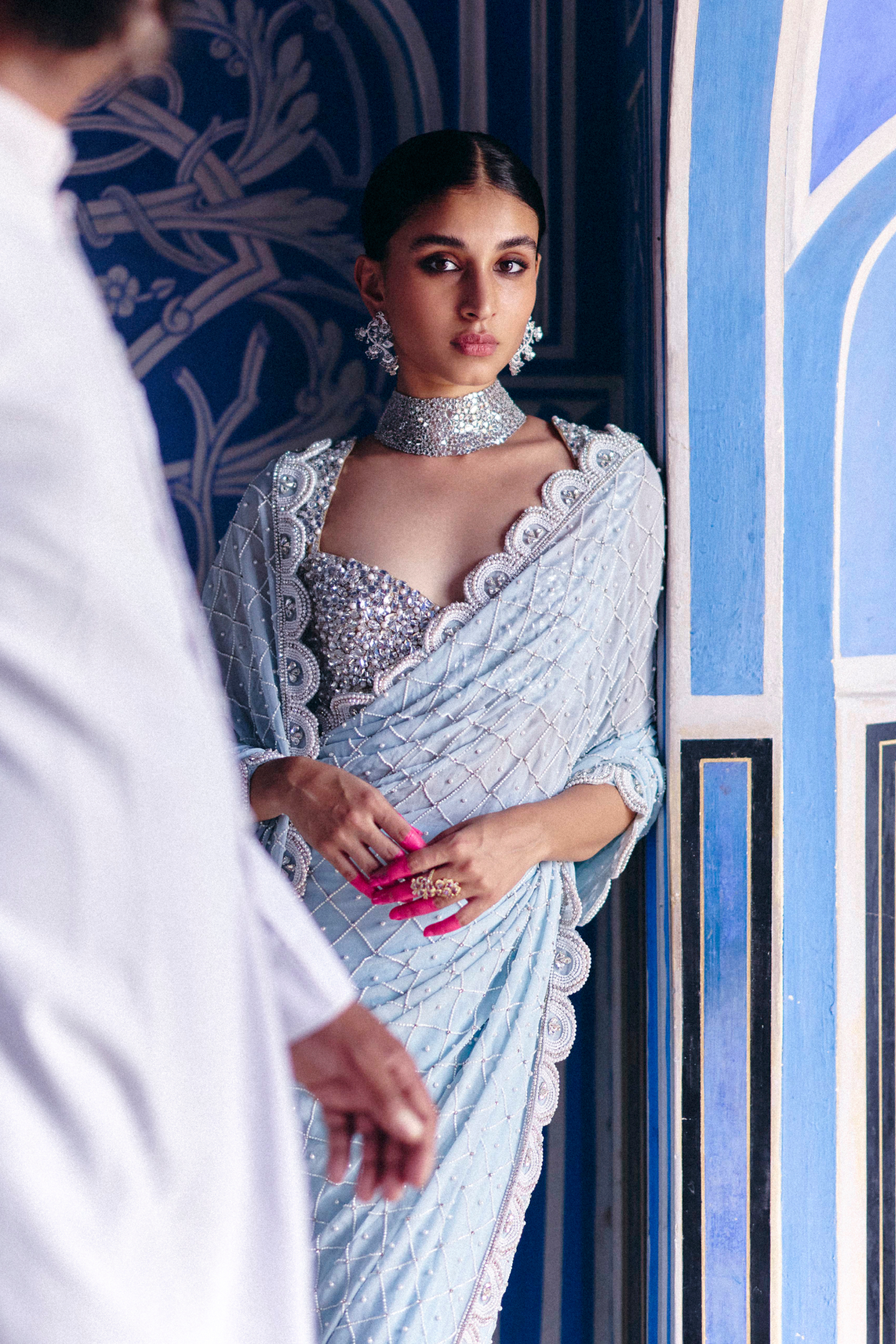 Blue Saree With Pearl Work
