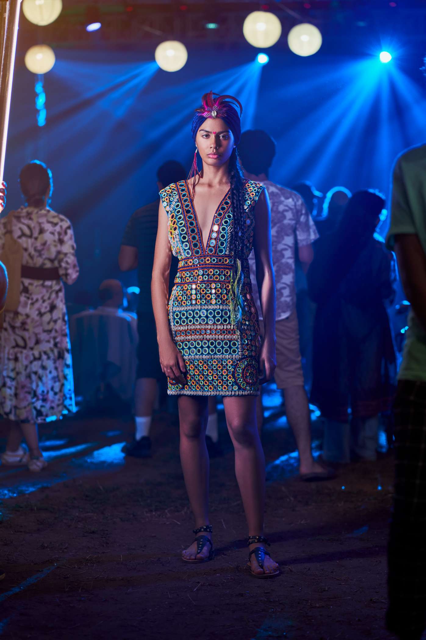 Black Short Dress with Multicoloured Mirror Work Embroidery