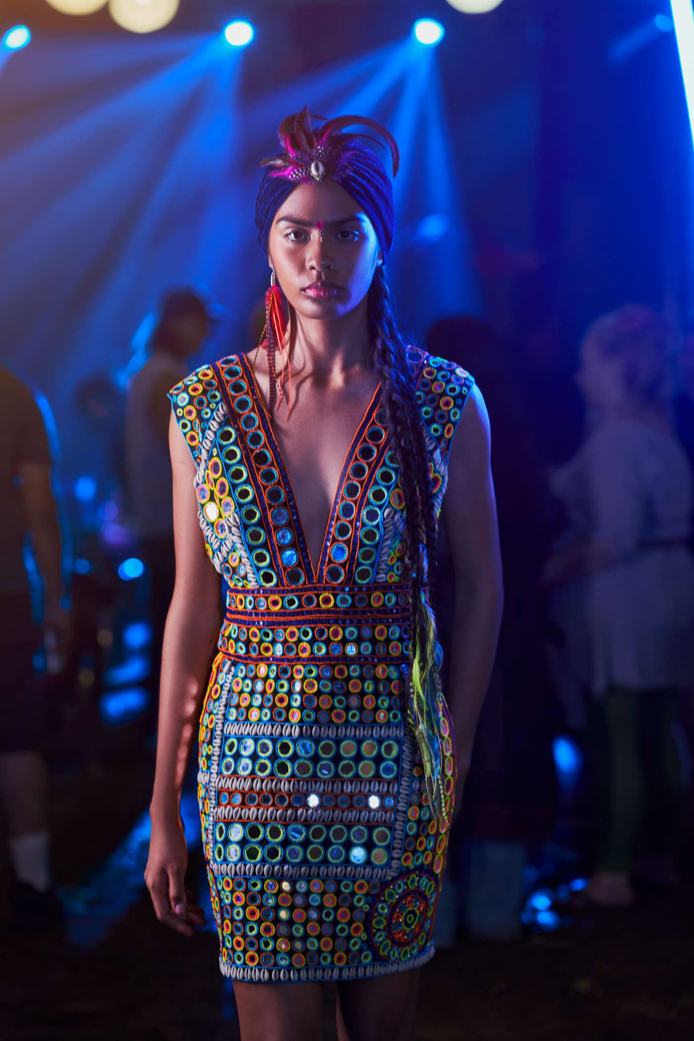 Black Short Dress with Multicoloured Mirror Work Embroidery