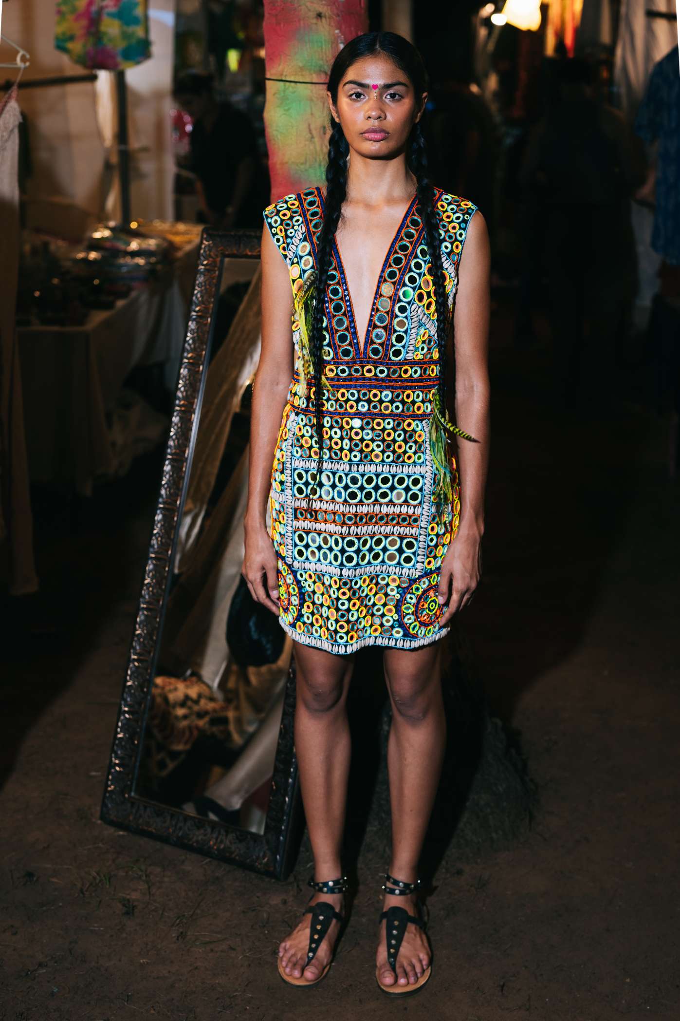 Black Short Dress with Multicoloured Mirror Work Embroidery