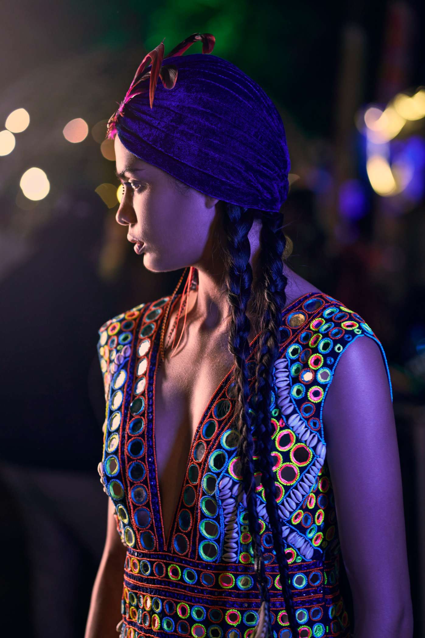 Black Short Dress with Multicoloured Mirror Work Embroidery