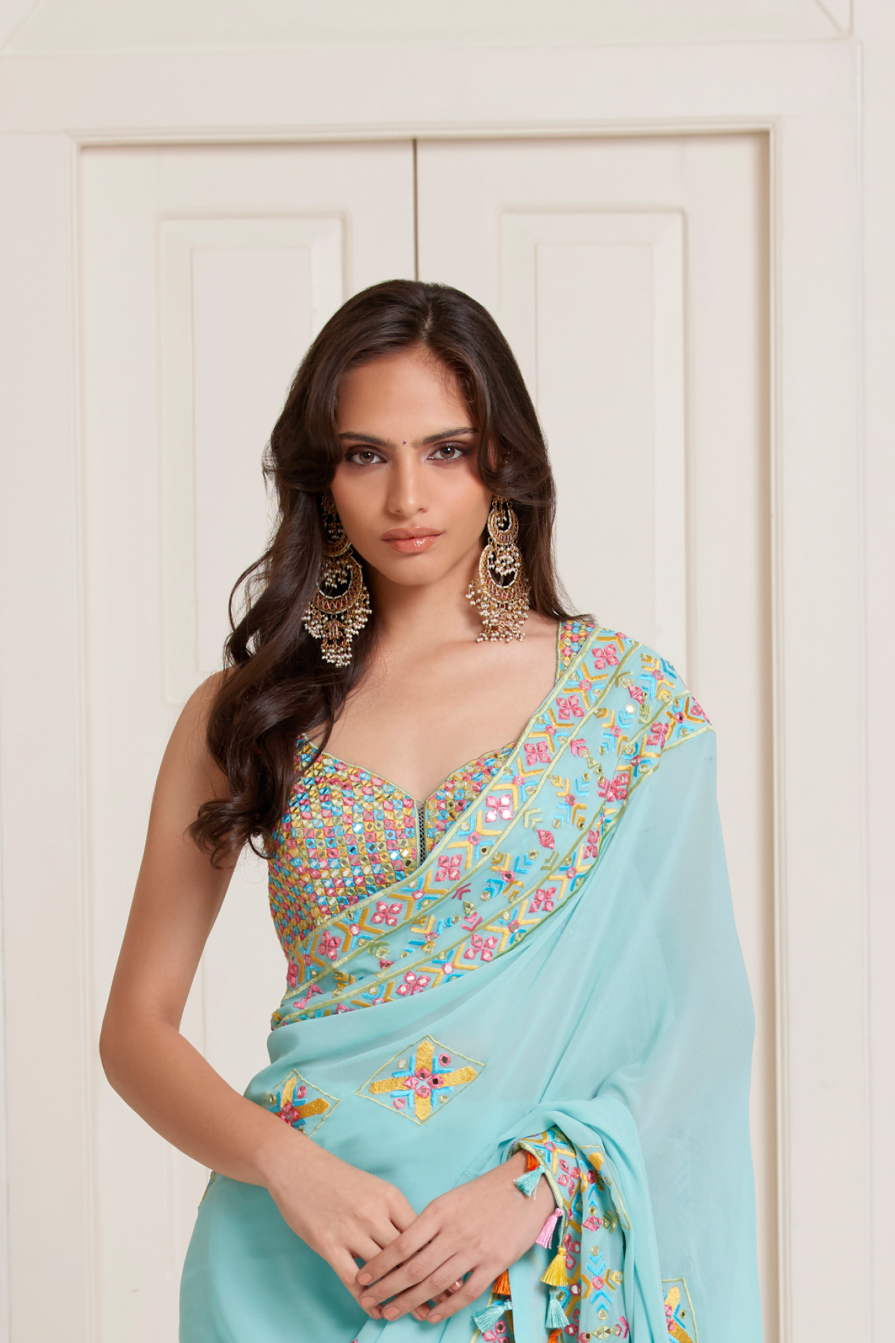 Blue Multi Color Mirror Embroidered Choli