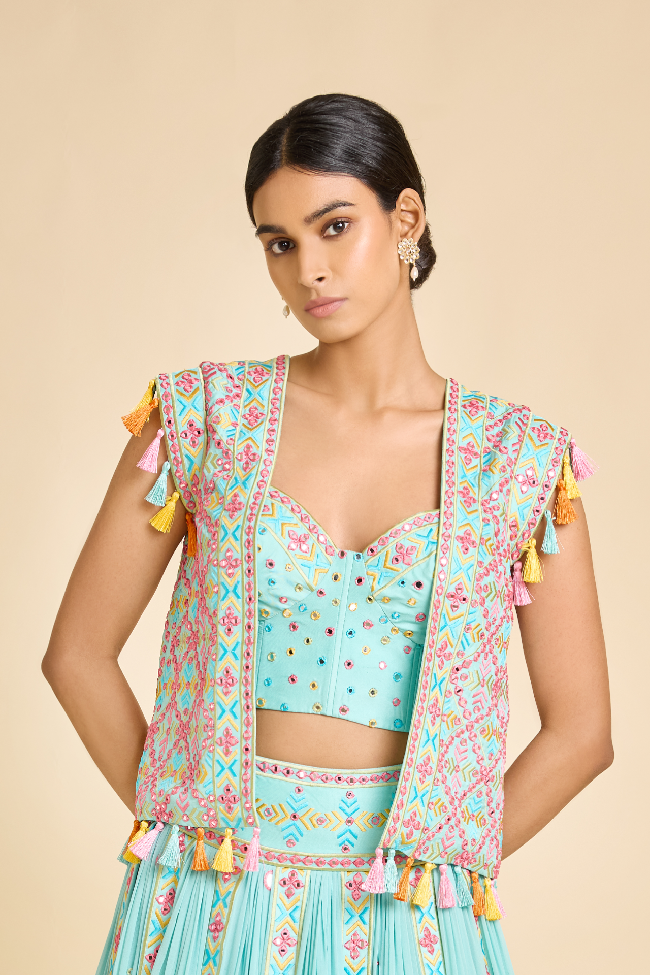 Blue Multi Color Mirror Embroidered Jacket