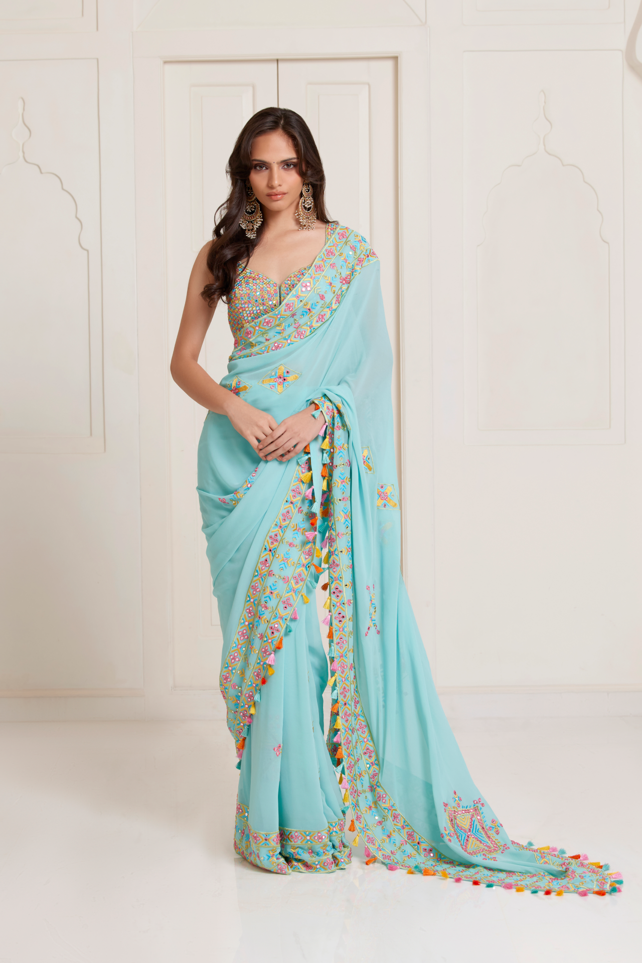 Blue Saree With Multi Color Embroidered Motifs And Border