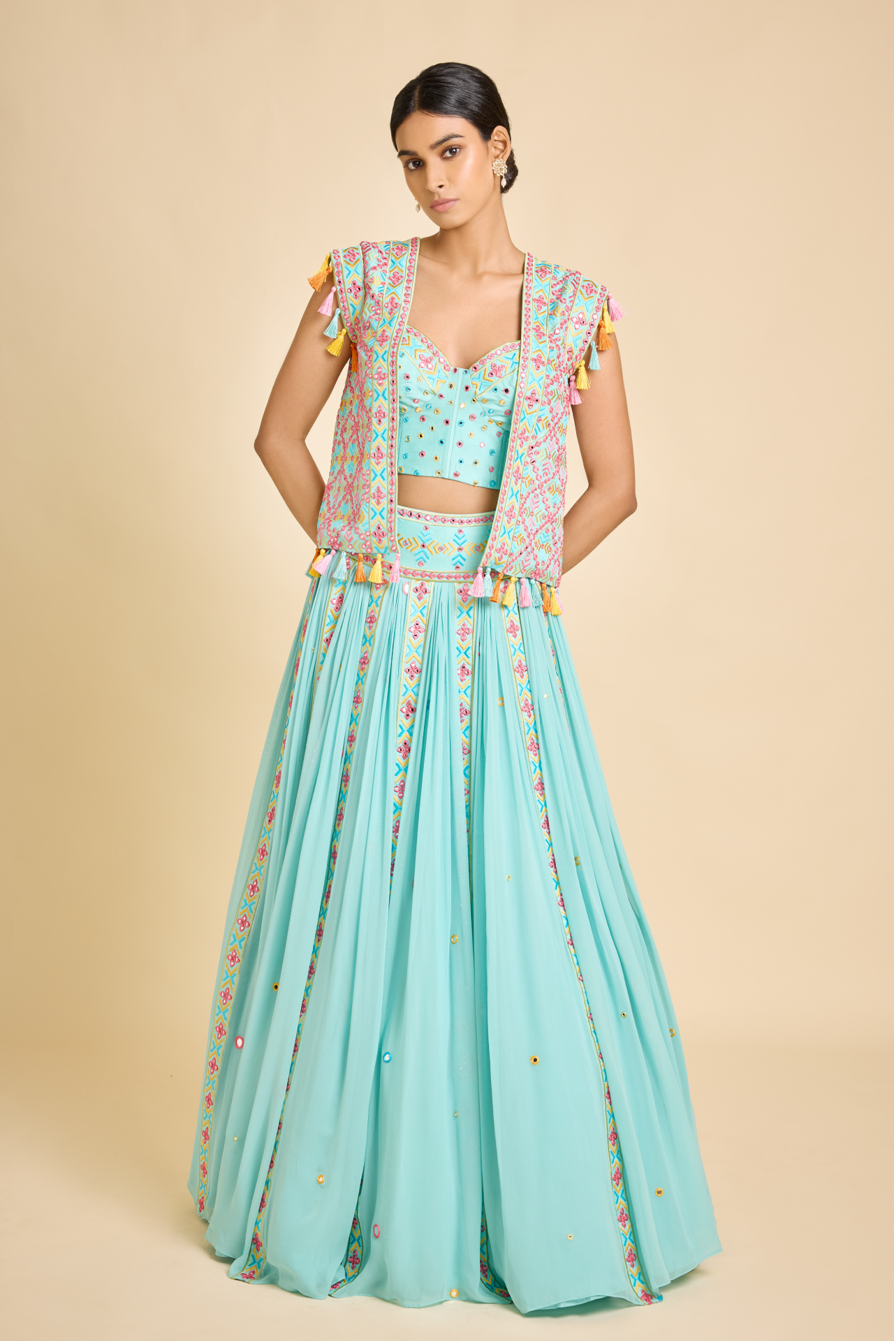 Blue Short Kurta With Multi Color Embroidered Yoke