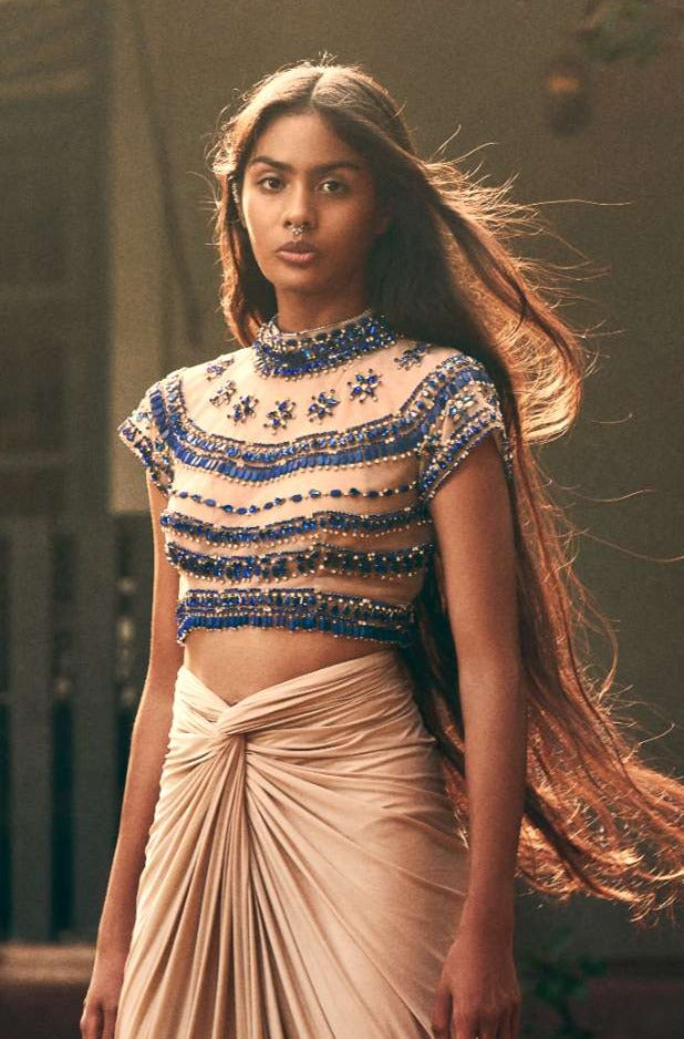 Nude Net Crop Top with Blue Stone Embroidery