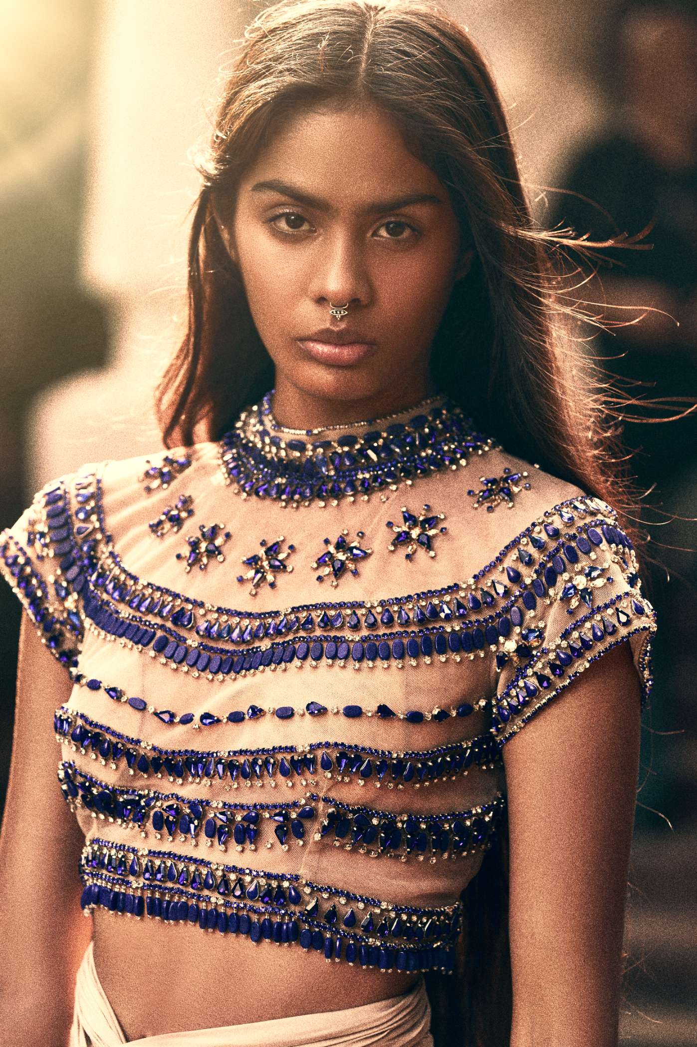 Nude Net Crop Top with Blue Stone Embroidery