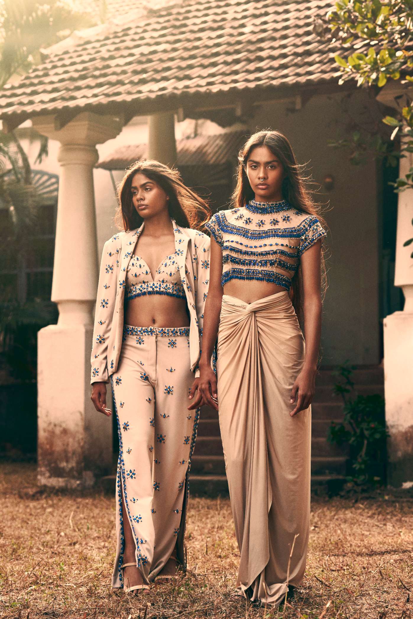 Nude Net Crop Top with Blue Stone Embroidery