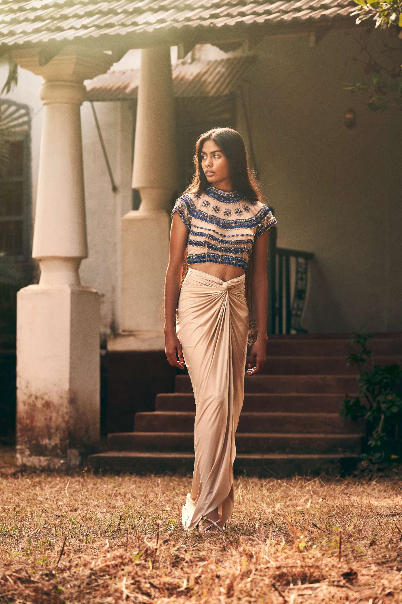 Nude Net Crop Top with Blue Stone Embroidery