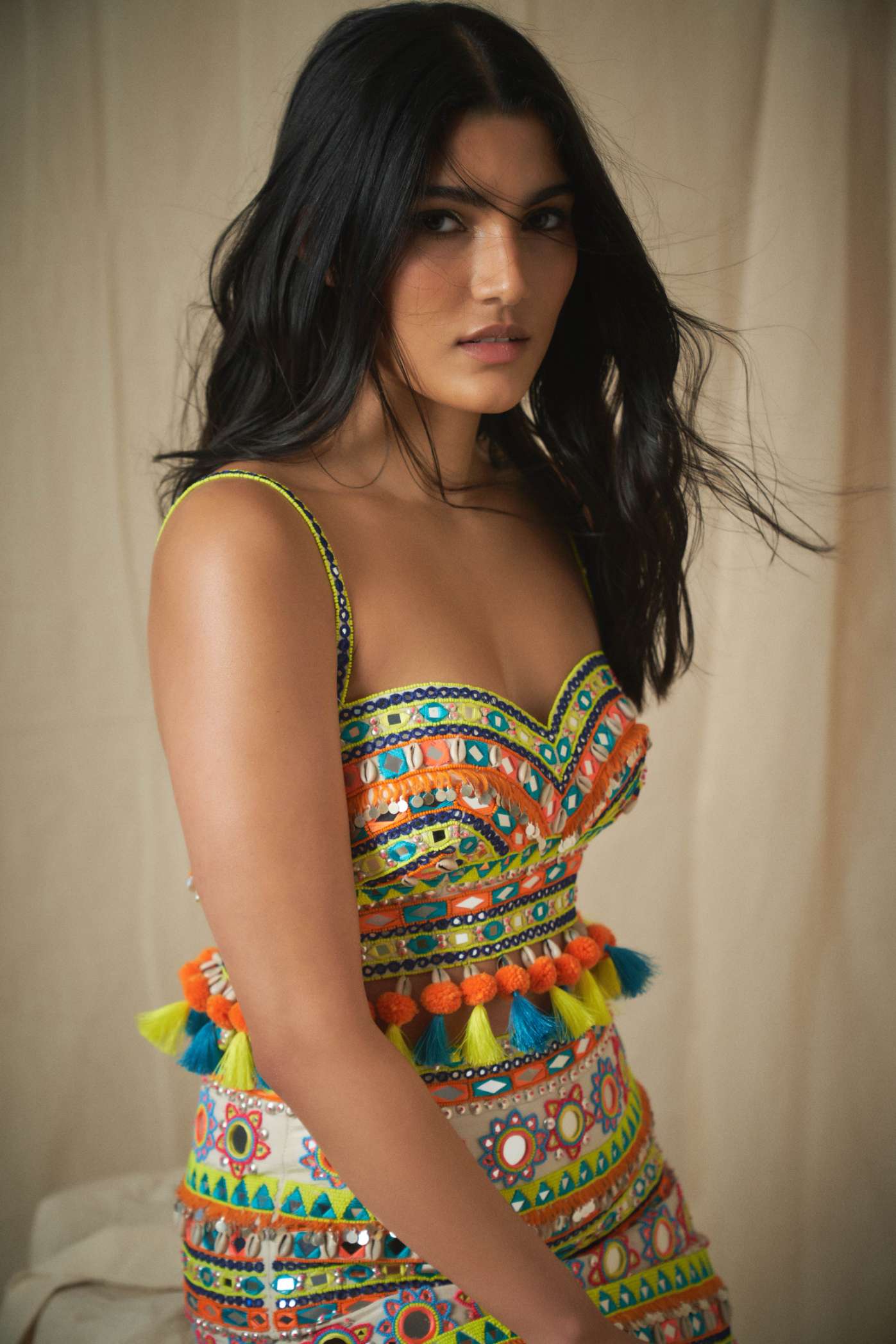 Ivory Multicoloured Mirror Work Crop Top