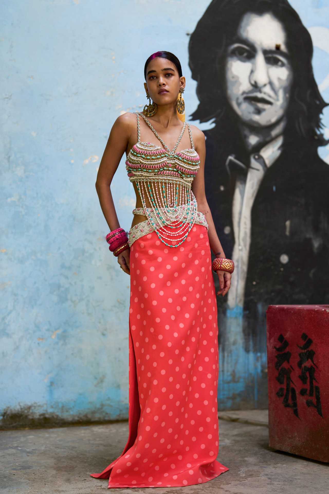 Coral Polka Dot Skirt With Side Slit