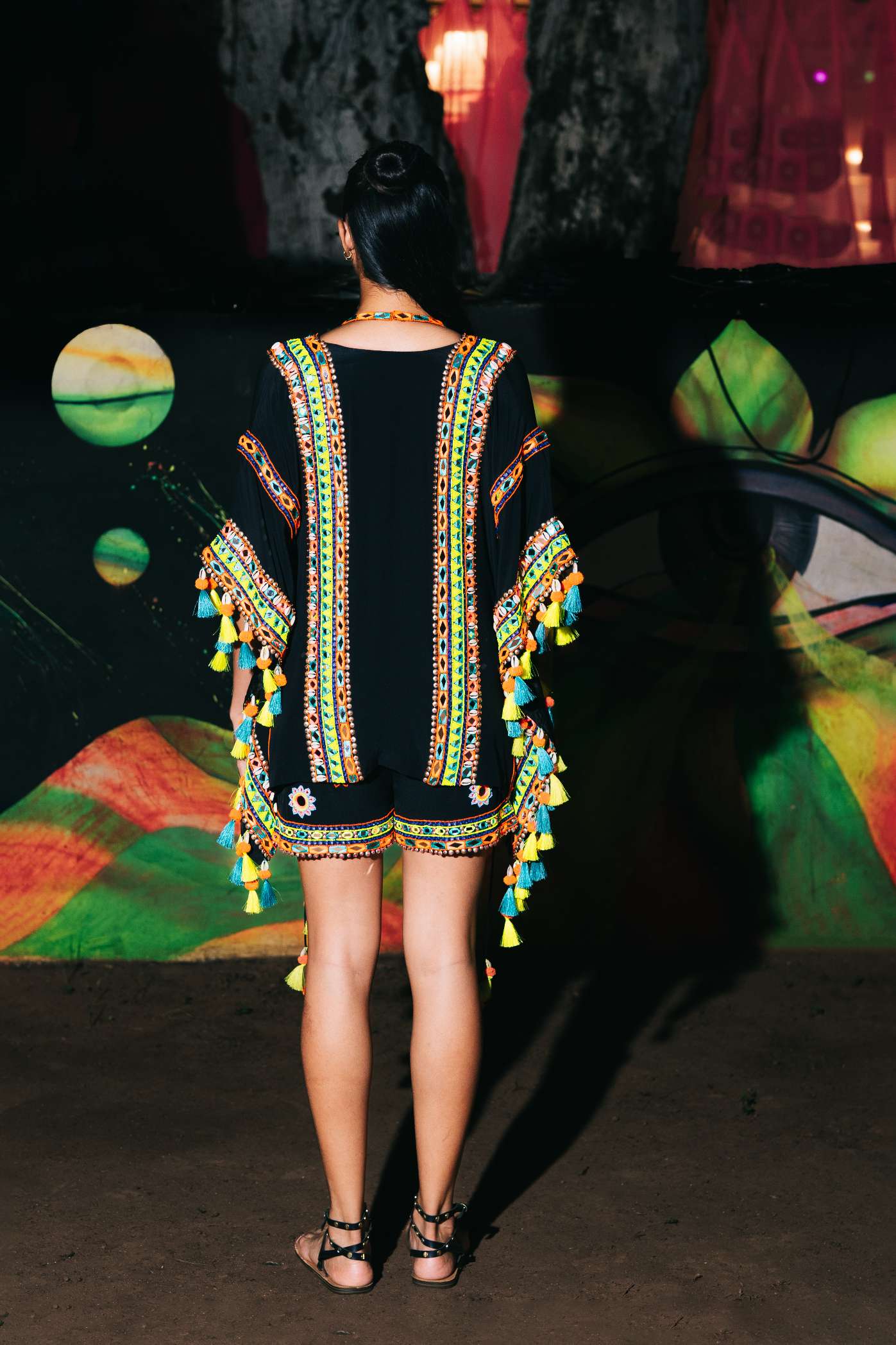 Black Short Kaftan with Multicoloured Mirror Work Embroidery